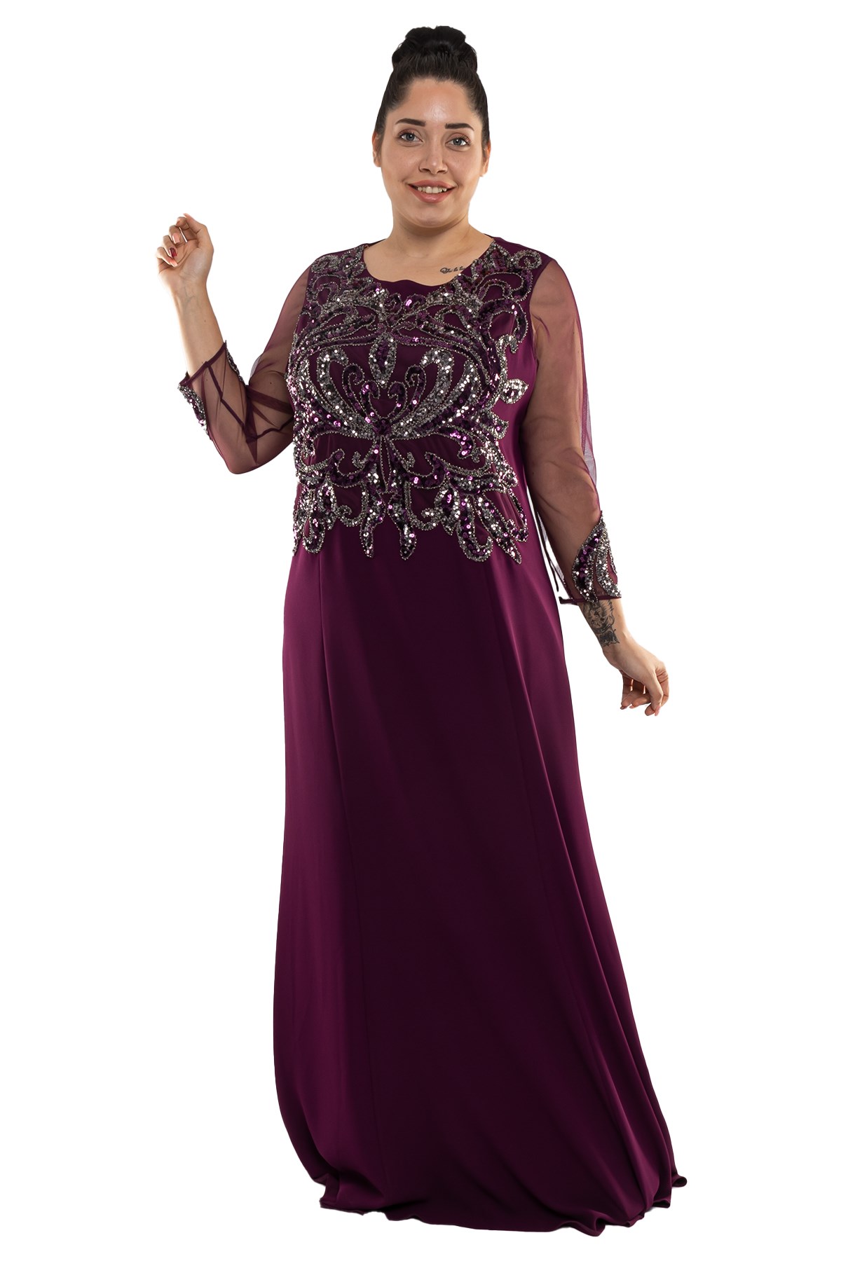 9311 BB Tül Kol Desenli Nakış İşl.Krep Elbise