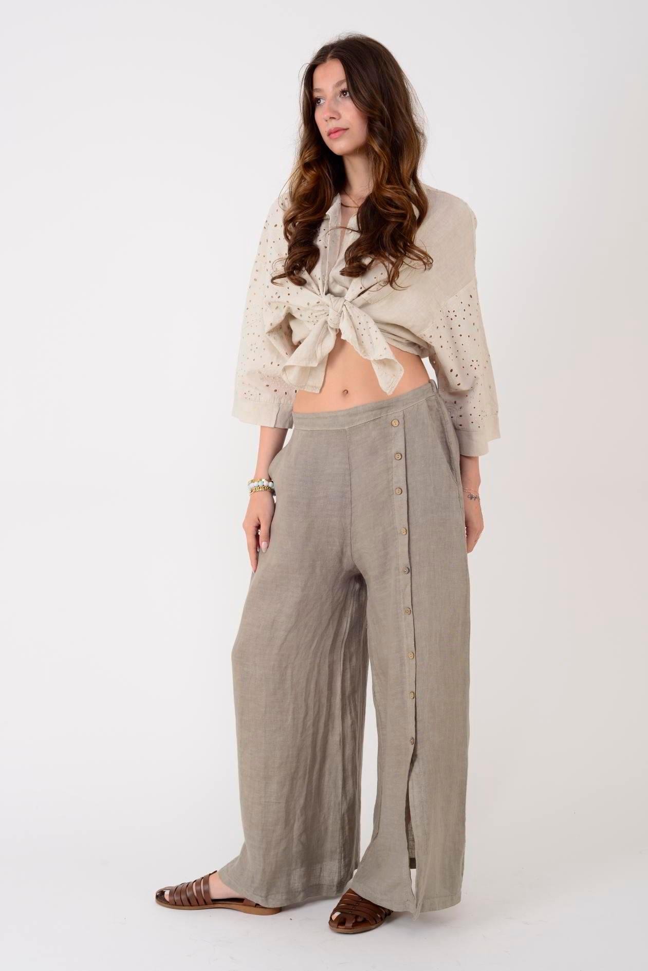 9320 Düğme Detay Düz Keten Pantolon