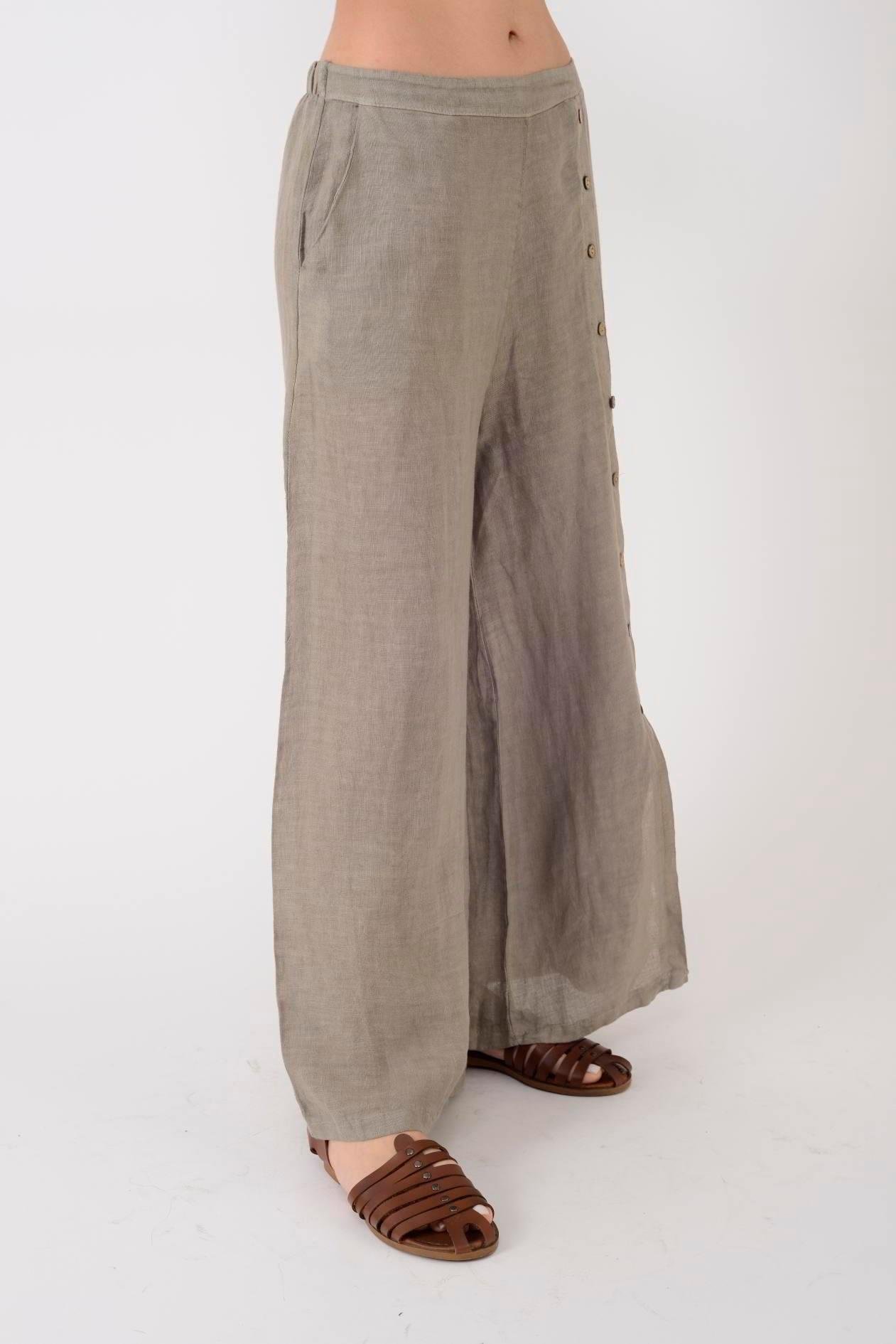9320 Düğme Detay Düz Keten Pantolon