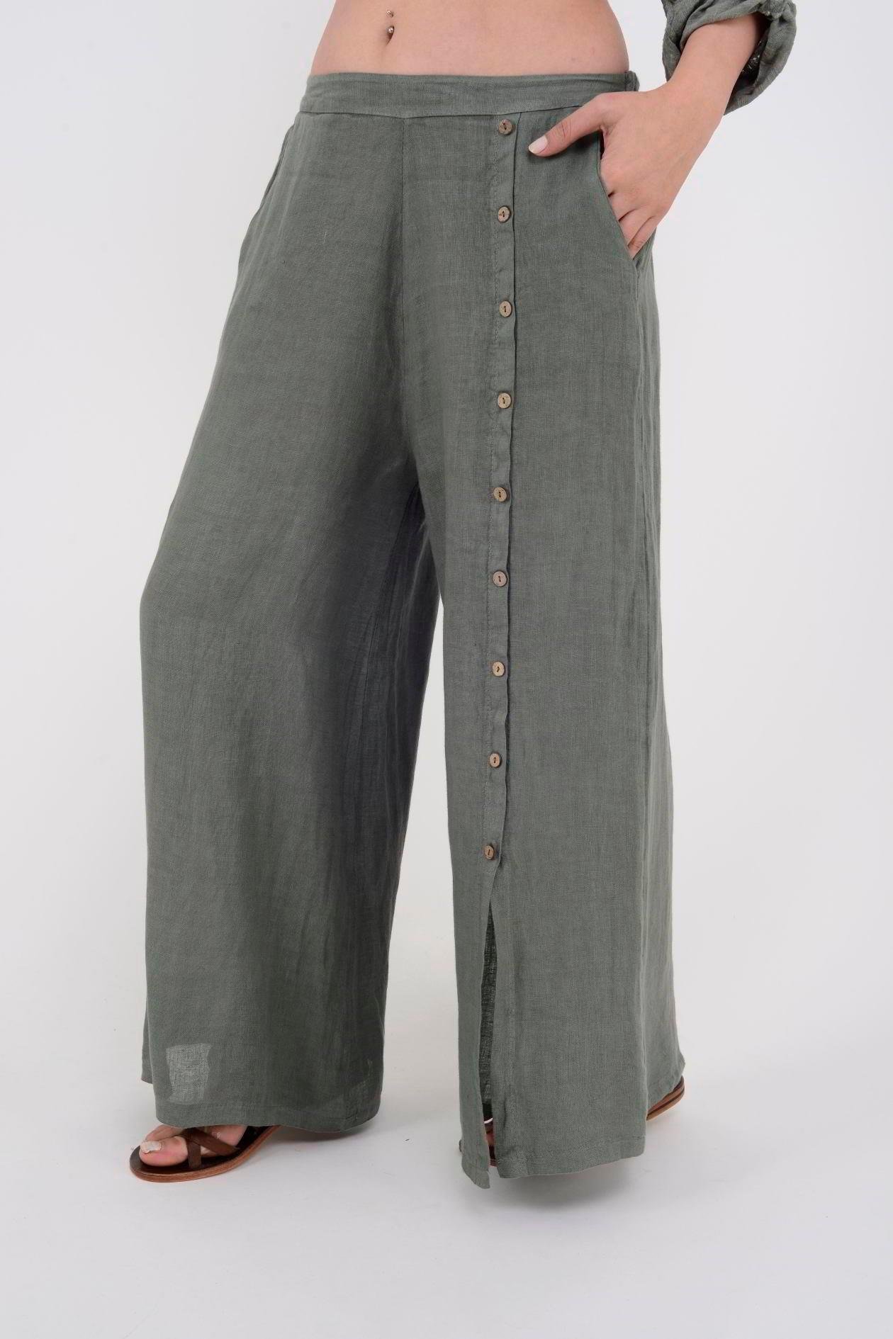 9320 Düğme Detay Düz Keten Pantolon