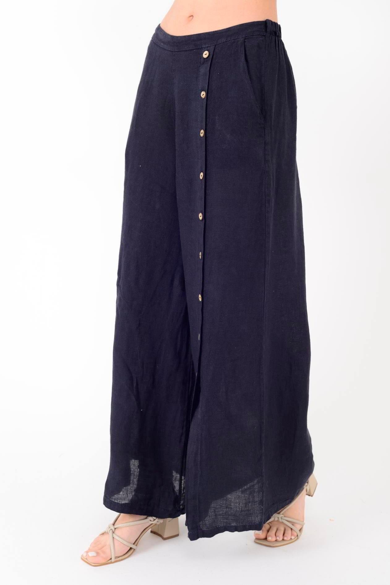 9320 Düğme Detay Düz Keten Pantolon