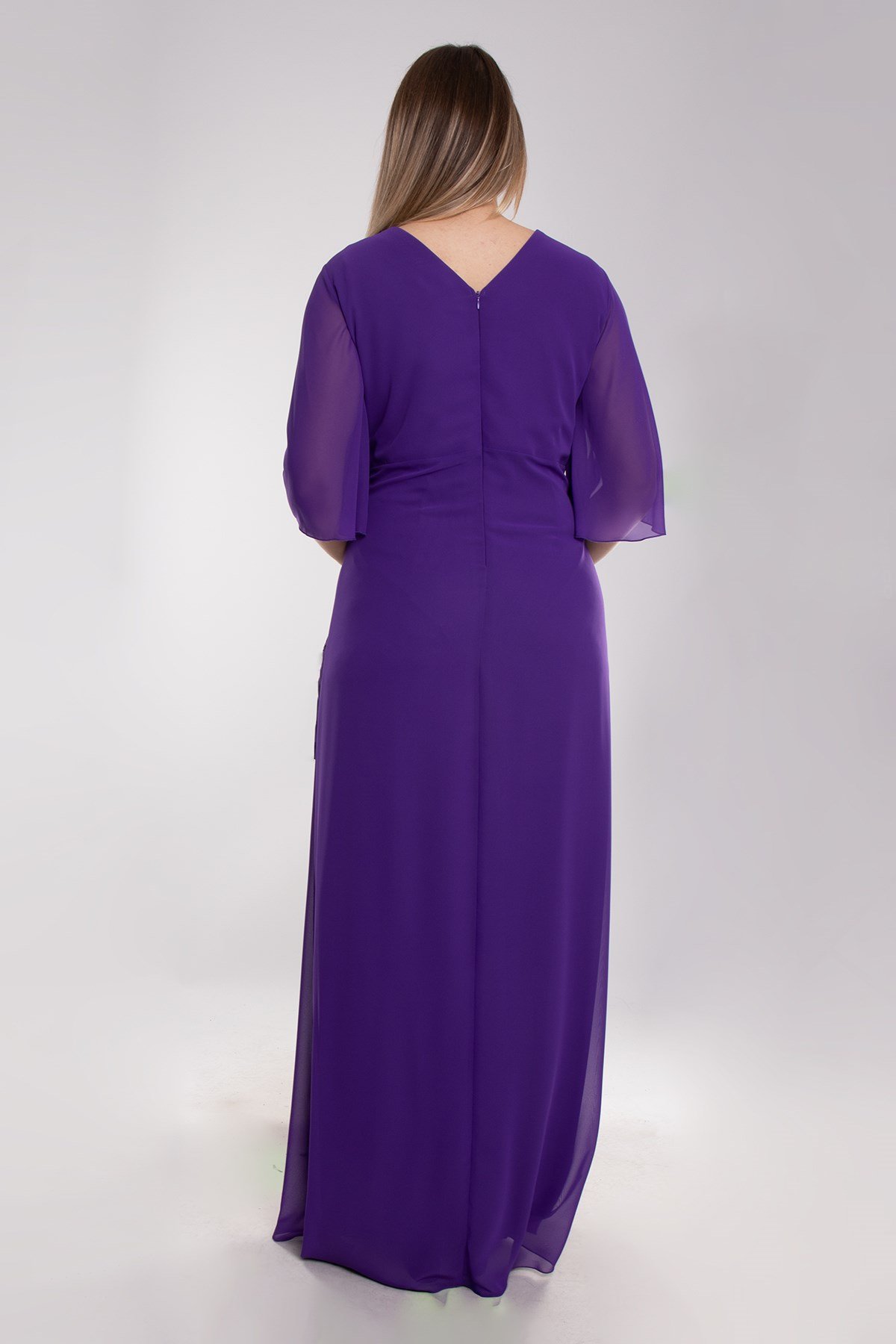 9407 Büyük Beden Mendil Kol Beli Drape Broşlu Uzun Elbise