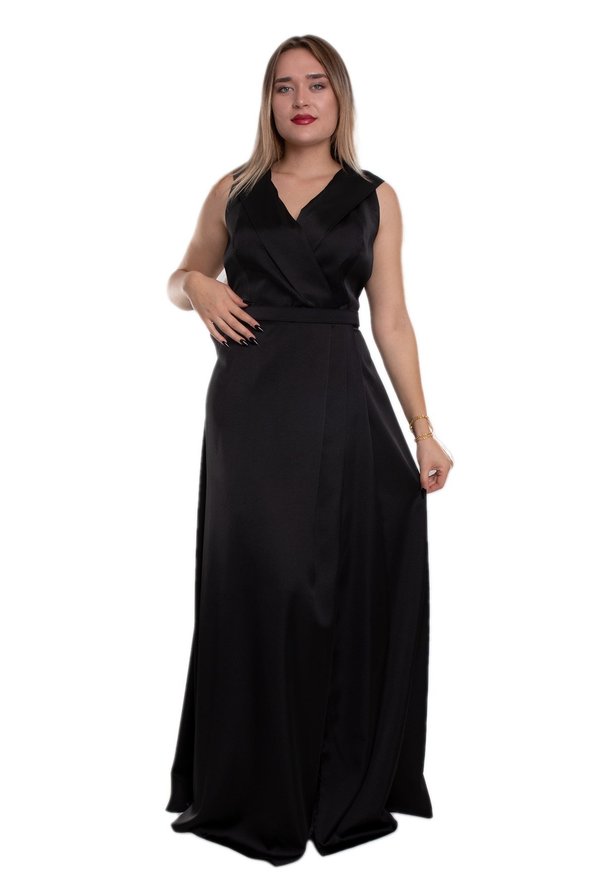 9423 Büyük Beden Kemerli Çift Yaka Uzun Saten Elbise