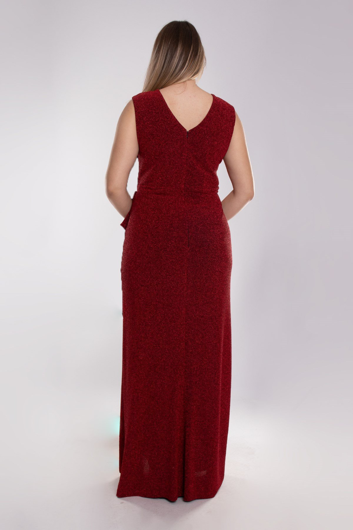 9424 Büyük Beden Yanı Drape Sim Kumaş Yırtmaçlı Uzun Elbise