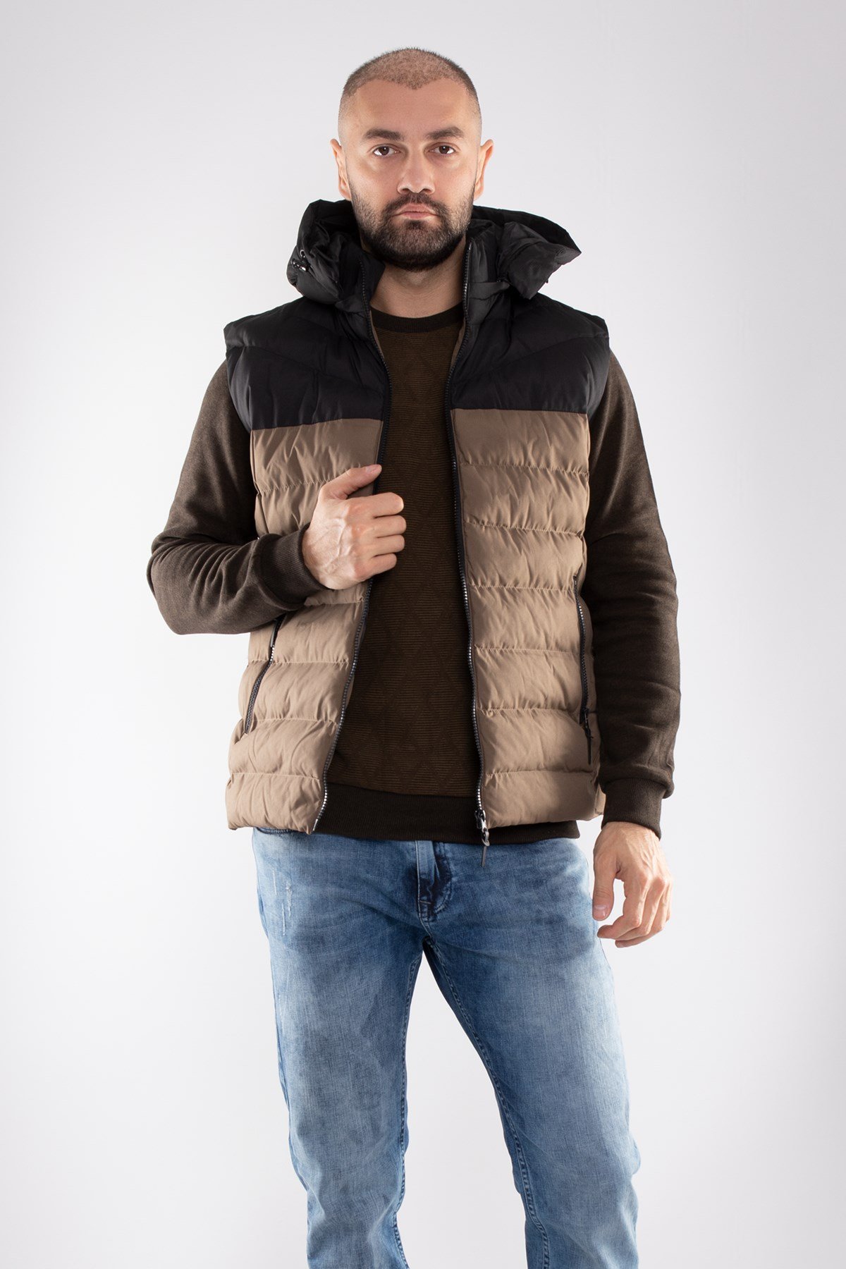 948-304 Slimfit İki Renkli Kapşonlu Erkek Şişme Yelek