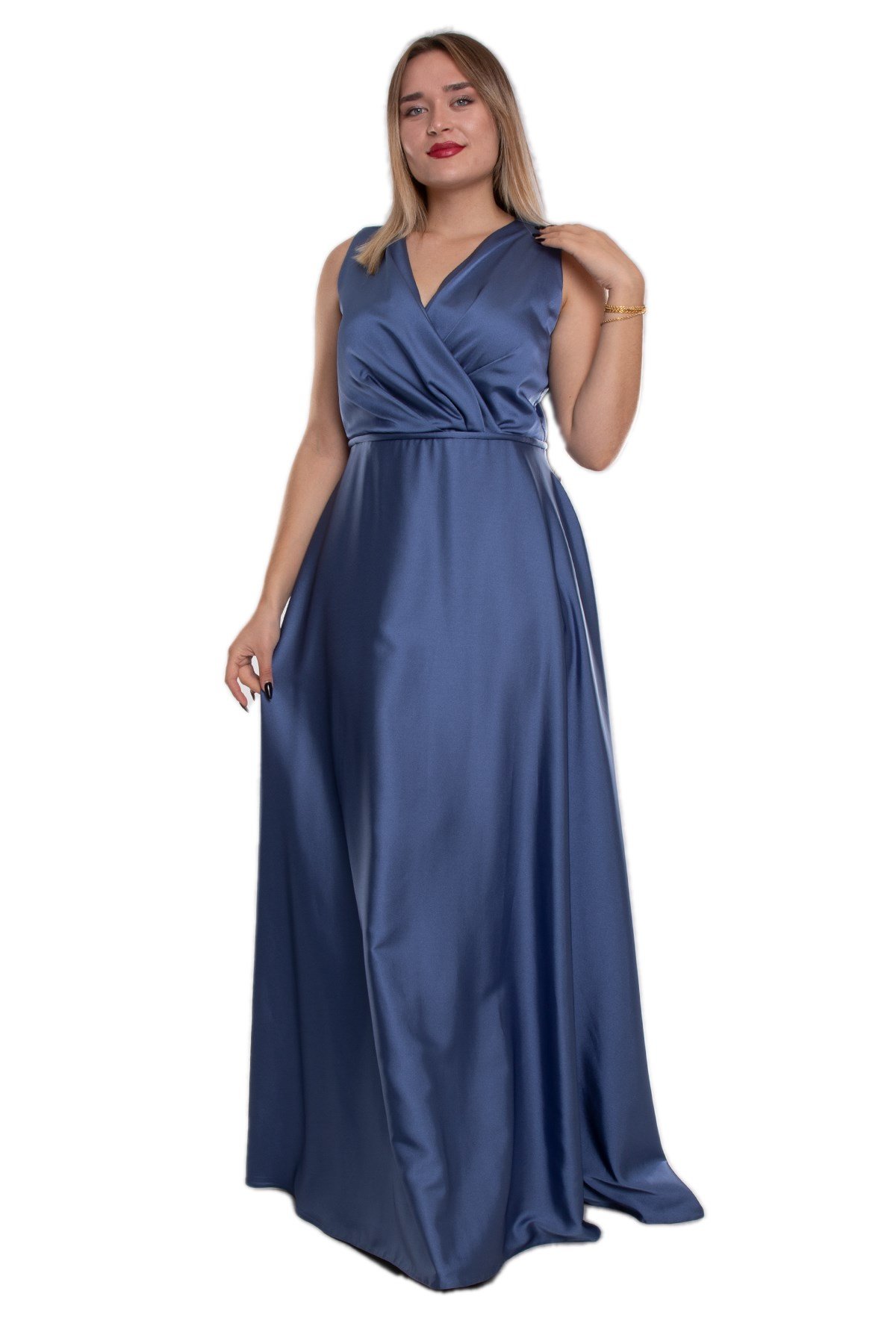 9490 Büyük Beden Kruvaze Yaka Kolsuz Uzun Saten Elbise