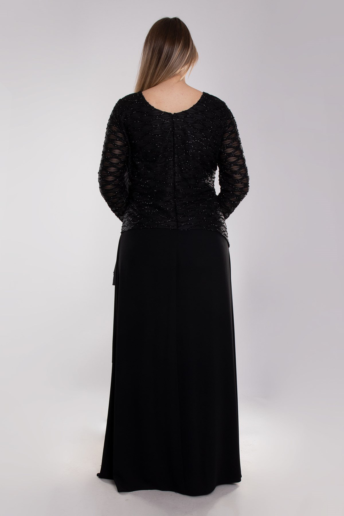 9497 Büyük Beden Suyolu Eteği Fırfırlı Tül Kol Krep Uzun Elbise