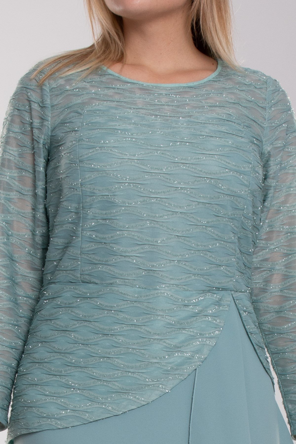 9497 Büyük Beden Suyolu Eteği Fırfırlı Tül Kol Krep Uzun Elbise