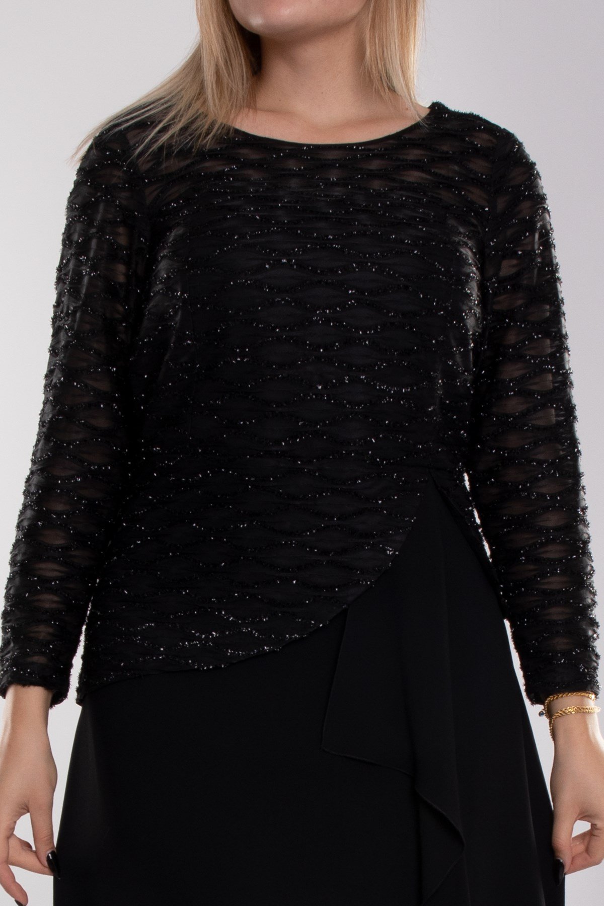 9497 Büyük Beden Suyolu Eteği Fırfırlı Tül Kol Krep Uzun Elbise