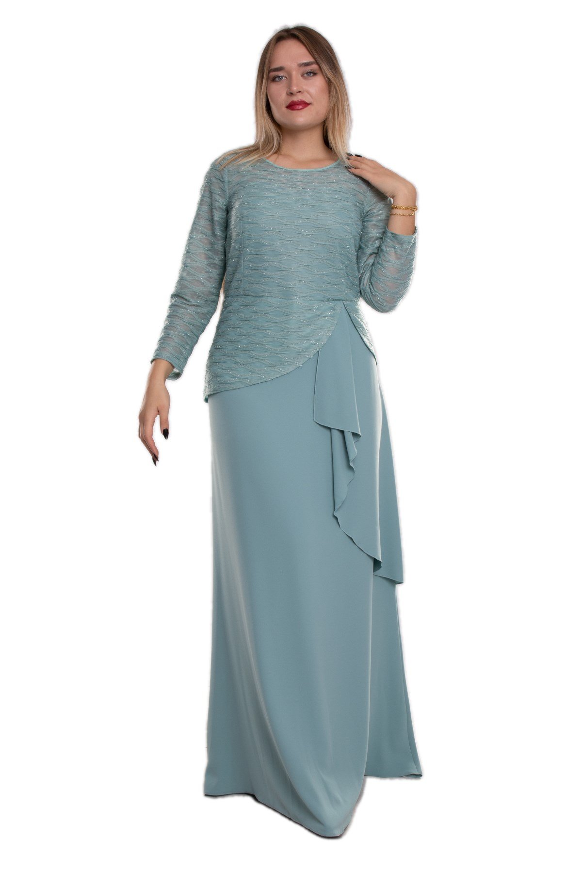 9497 Büyük Beden Suyolu Eteği Fırfırlı Tül Kol Krep Uzun Elbise