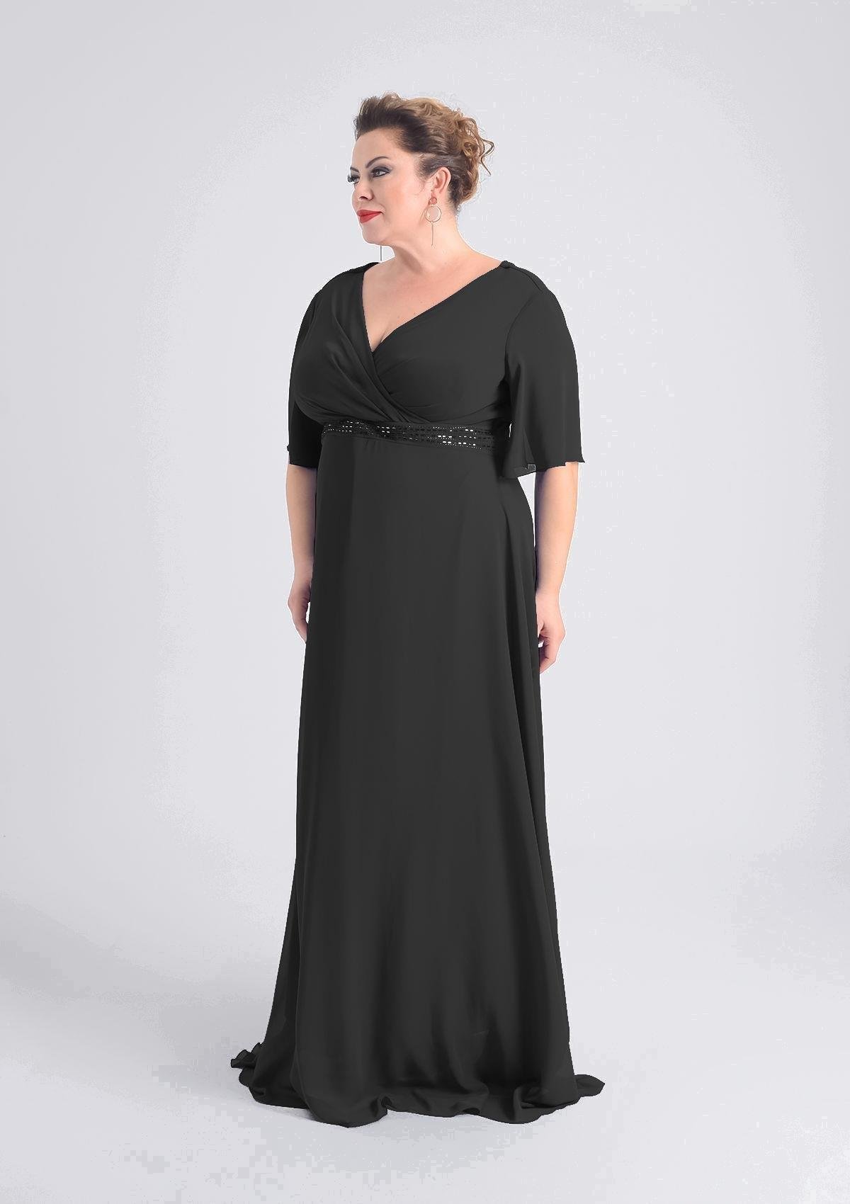 9510 Büyük Beden Mendil Kol Beli Boncuk Detay Şifon Uzun Elbise