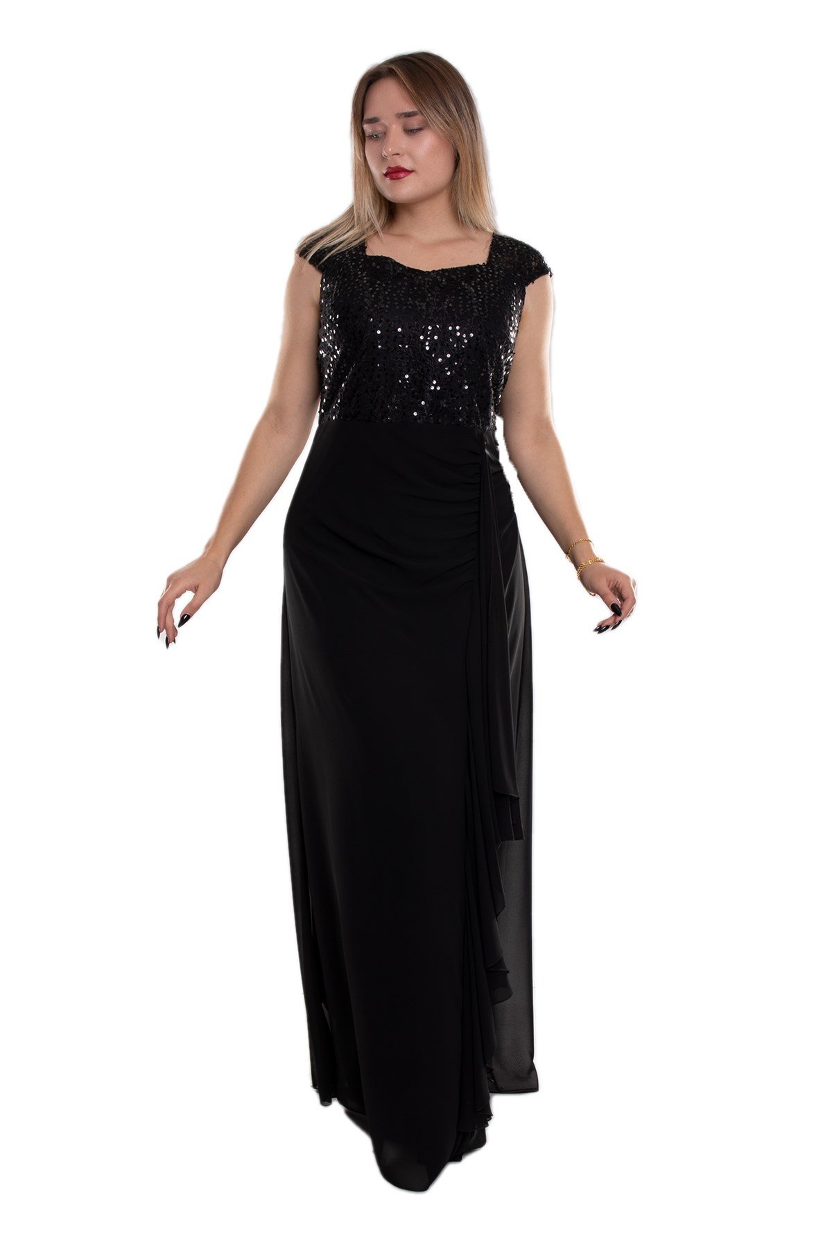 9524 Büyük Beden Yaprak Payet Nakışlı Fırfırlı Şifon Elbise