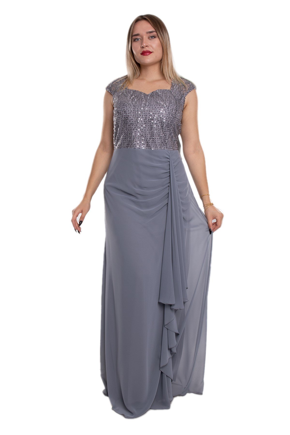 9524 Büyük Beden Yaprak Payet Nakışlı Fırfırlı Şifon Elbise