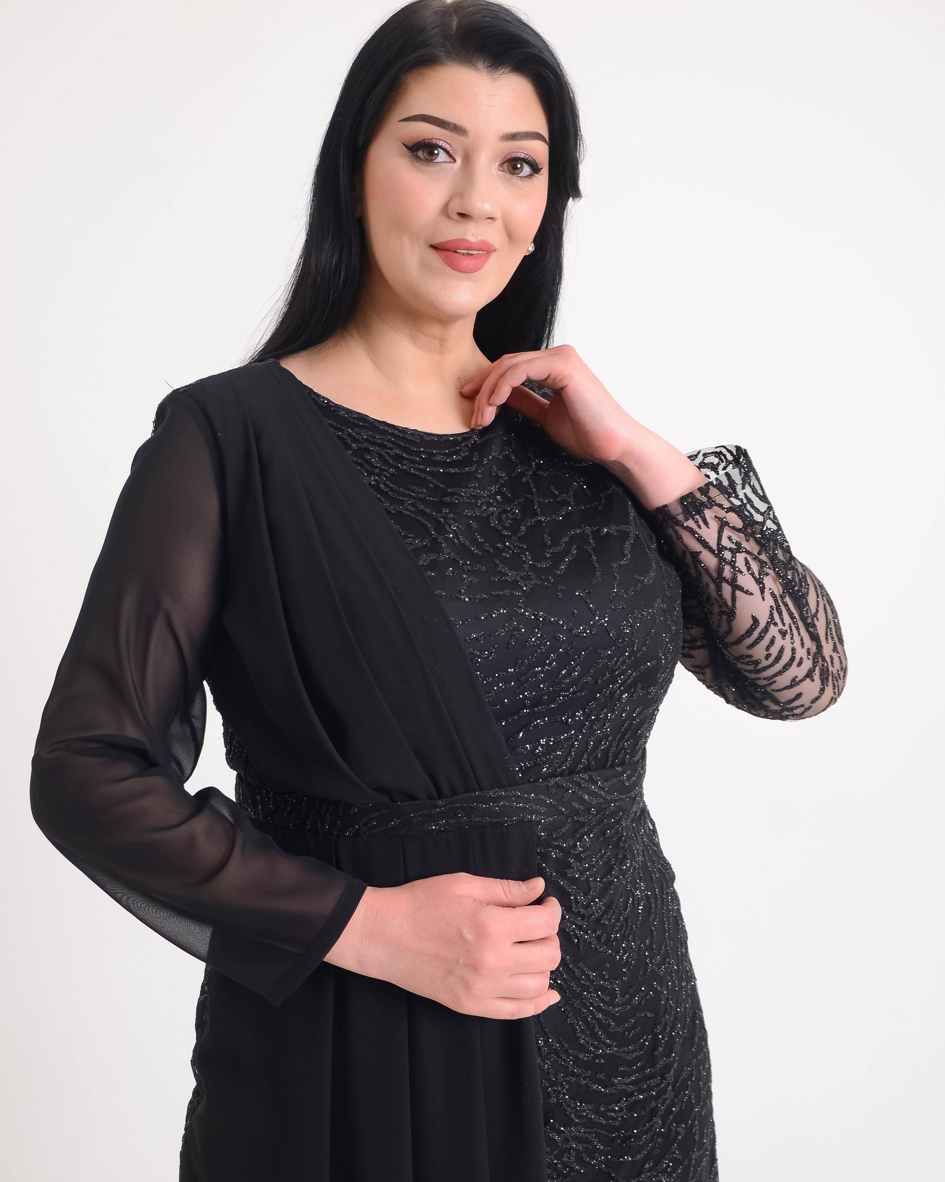 9566 Büyük Beden Şifon Detay Simli Kabartmalı Uzun Kollu Elbise