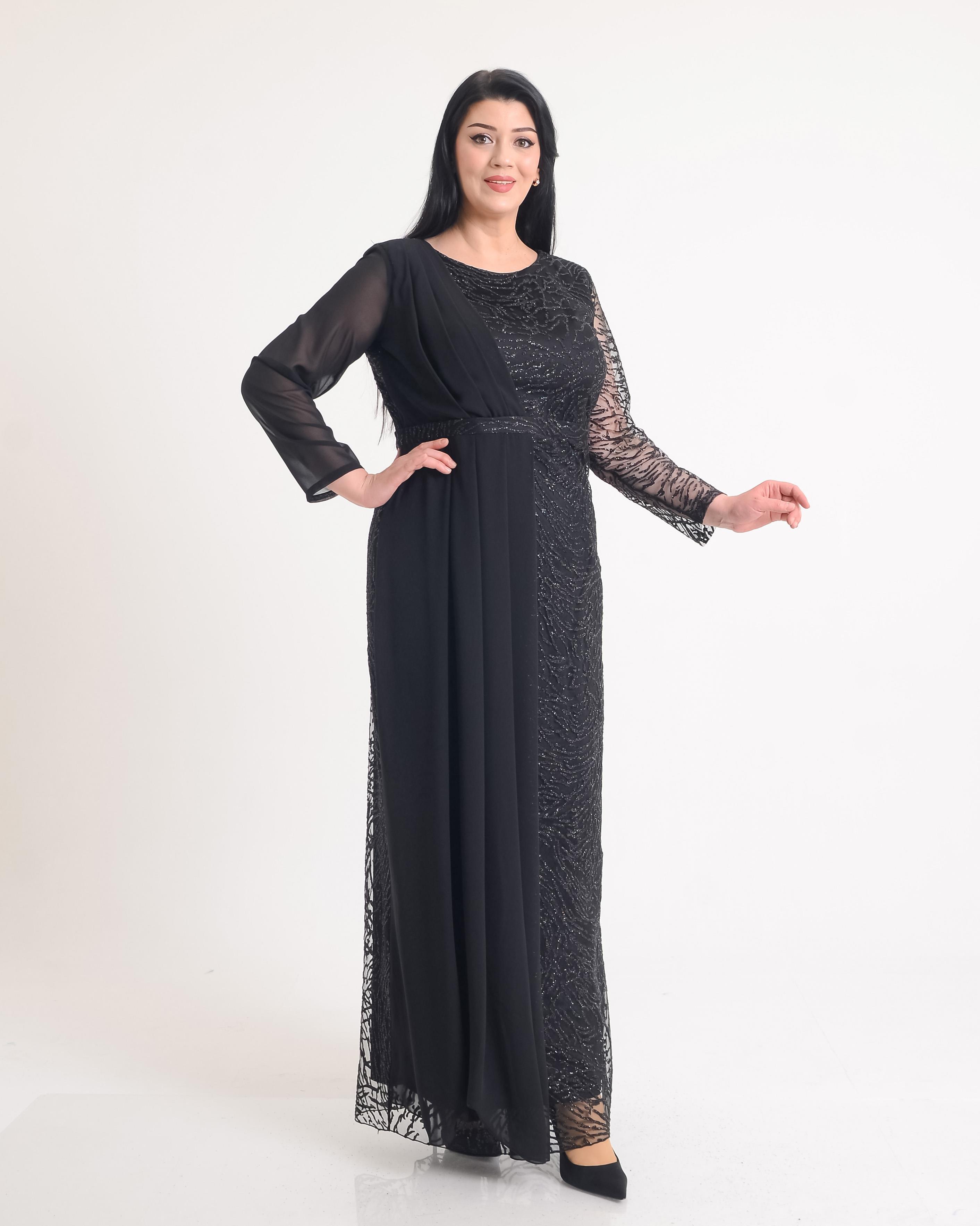 9566 Büyük Beden Şifon Detay Simli Kabartmalı Uzun Kollu Elbise