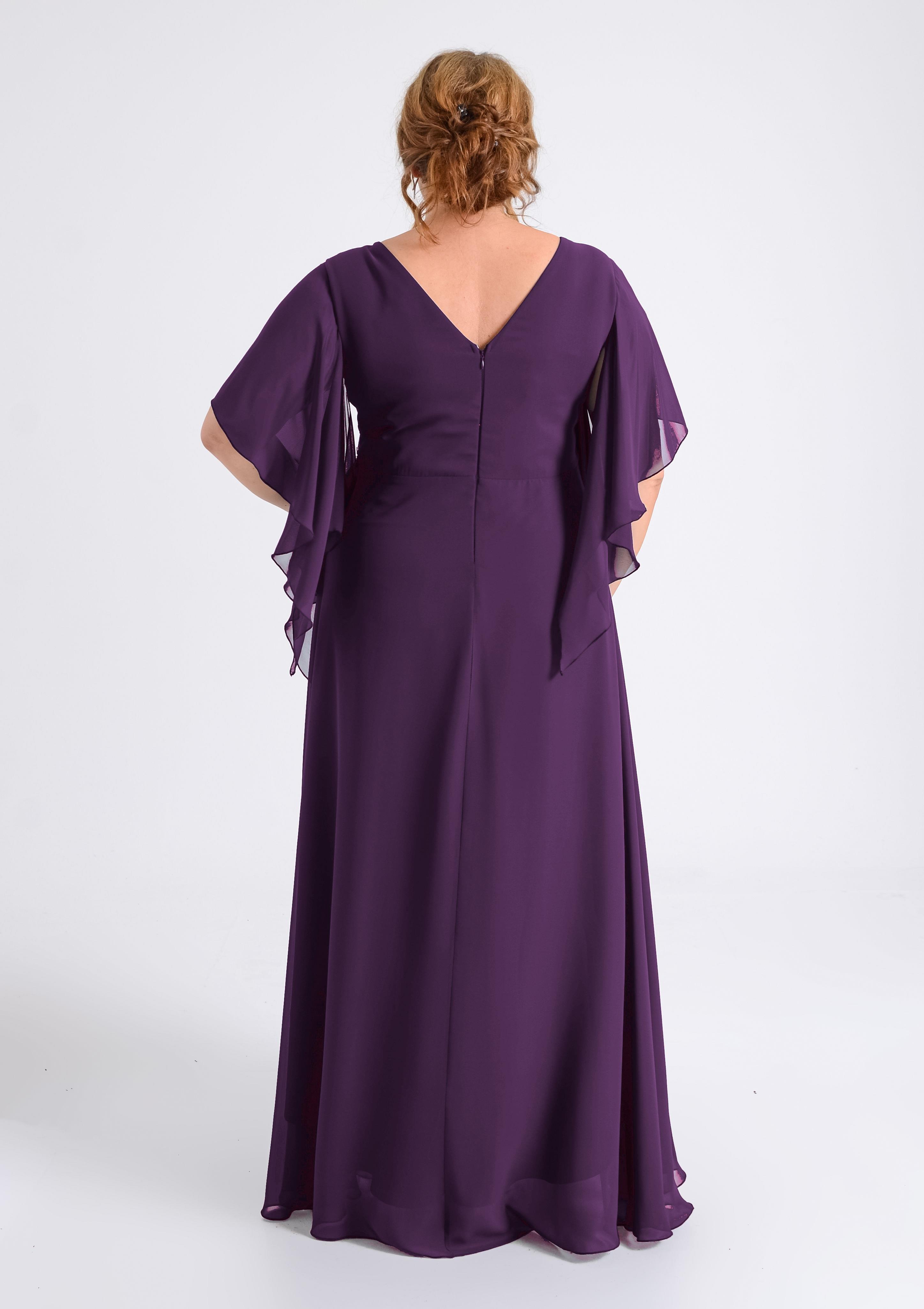 9606 Büyük Beden Mendil Kol Yanı Taş İşleme Uzun Şifon Elbise