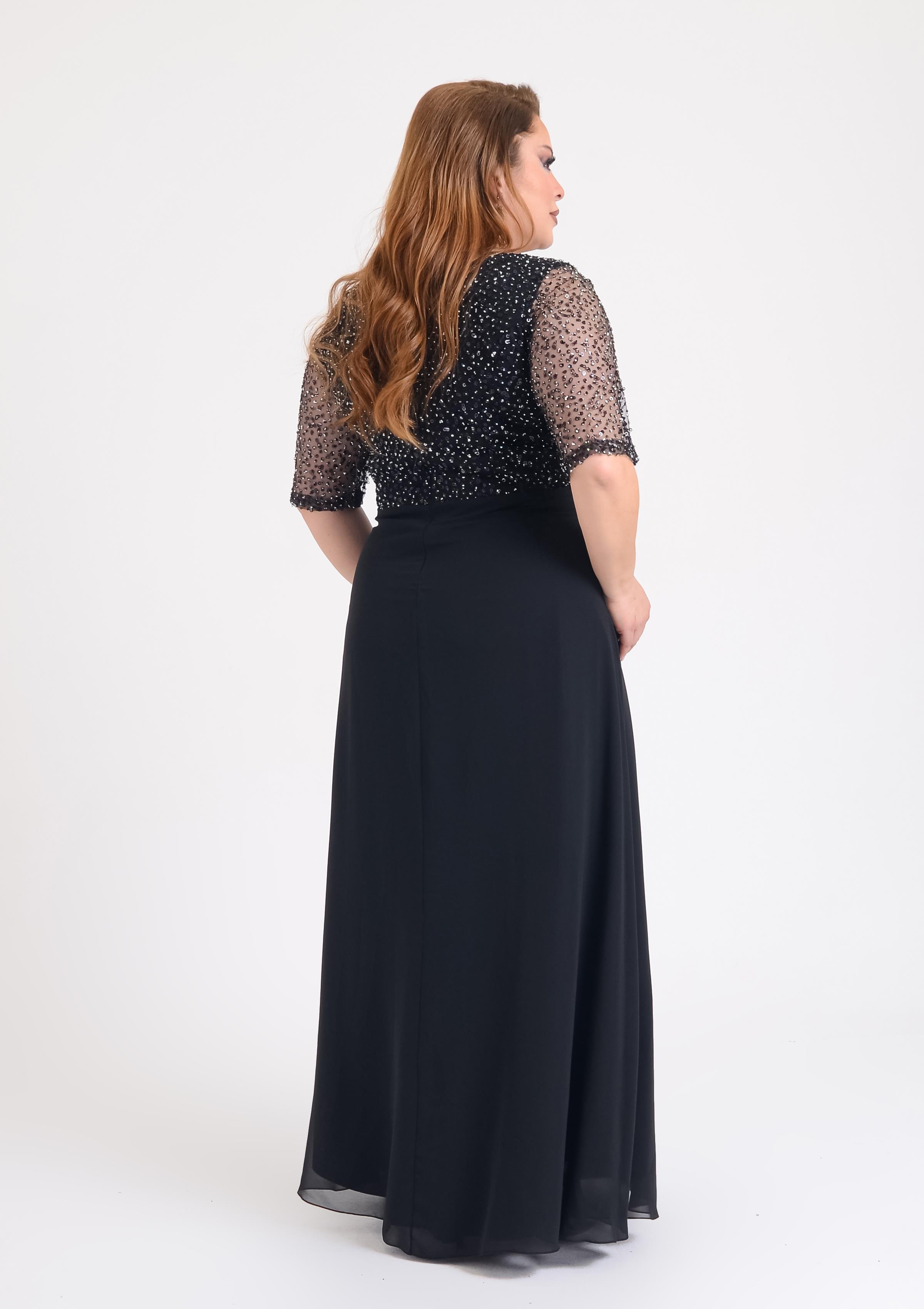 9652 Büyük Beden Öpücük Yaka Pulpayet İşleme Şifon Uzun Elbise