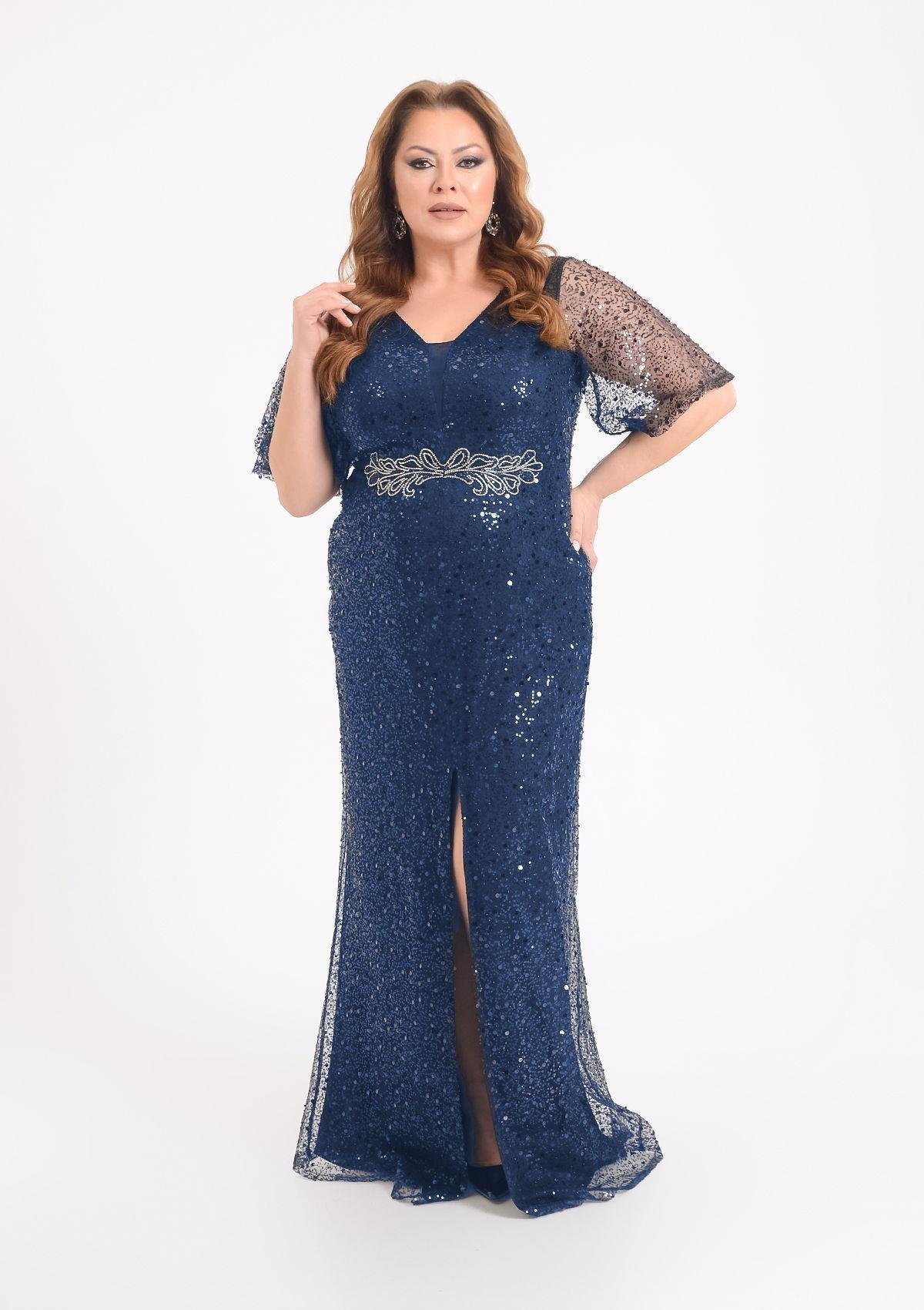 9682 Büyük Beden Vyaka Ön Arka Mendil Kol Pulpayet Yırtmaçlı Uzun Elbise