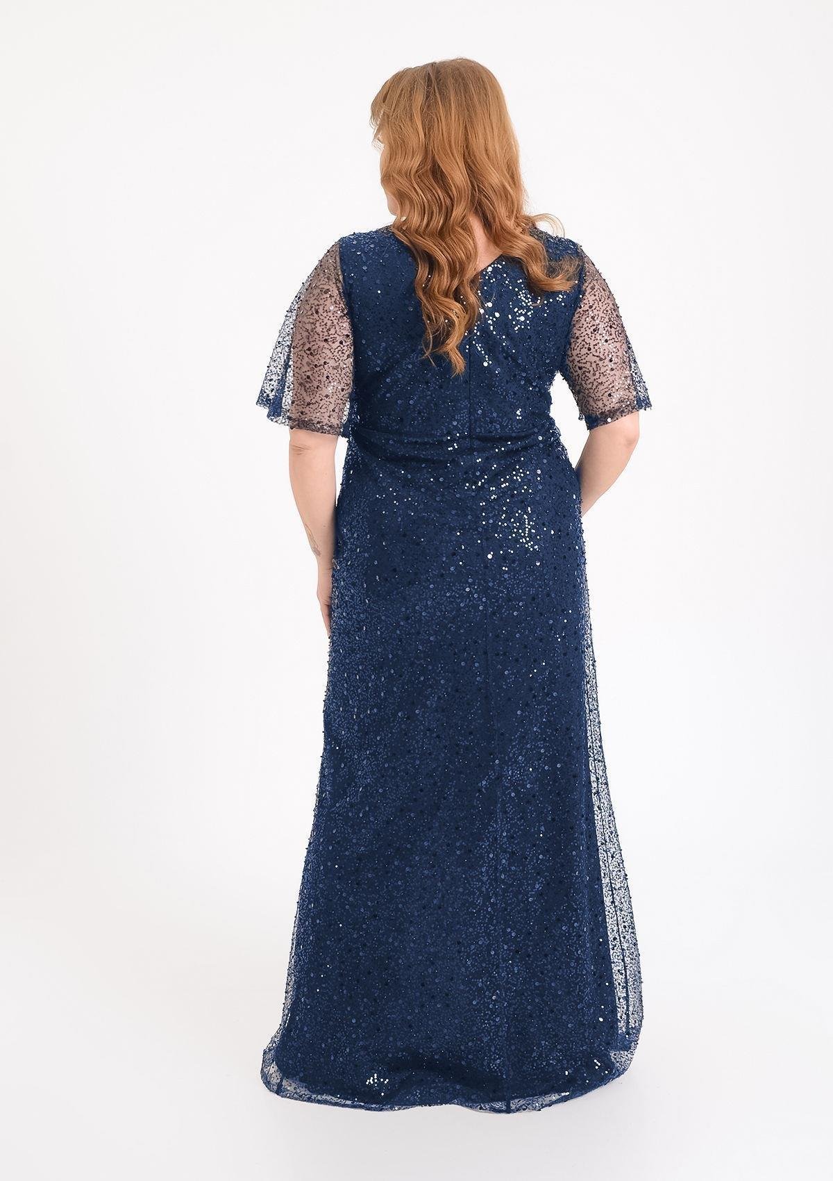 9682 Büyük Beden Vyaka Ön Arka Mendil Kol Pulpayet Yırtmaçlı Uzun Elbise