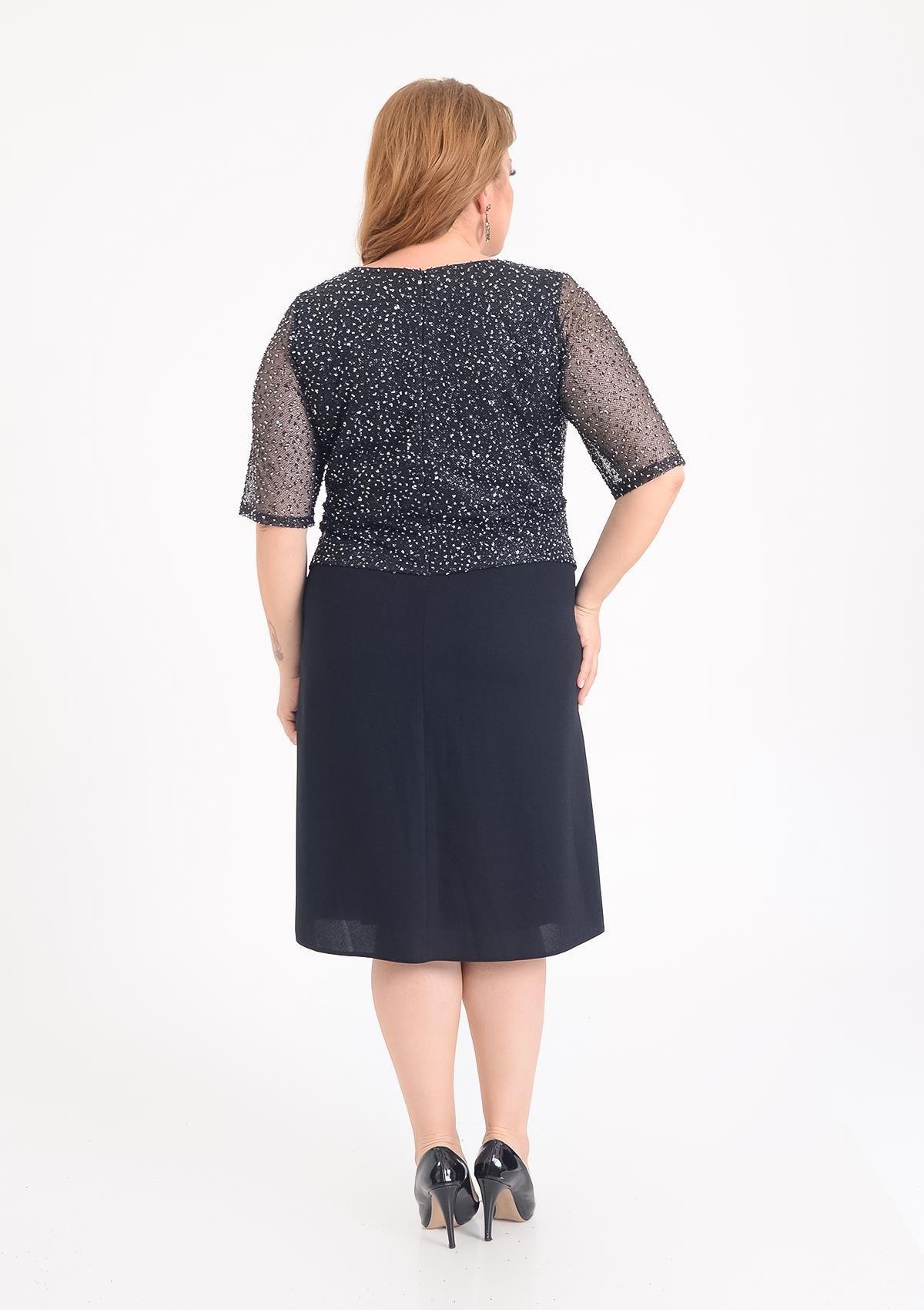 9689 Büyük Beden Vyaka Simli Bluz Detay Kısa Krep Elbise