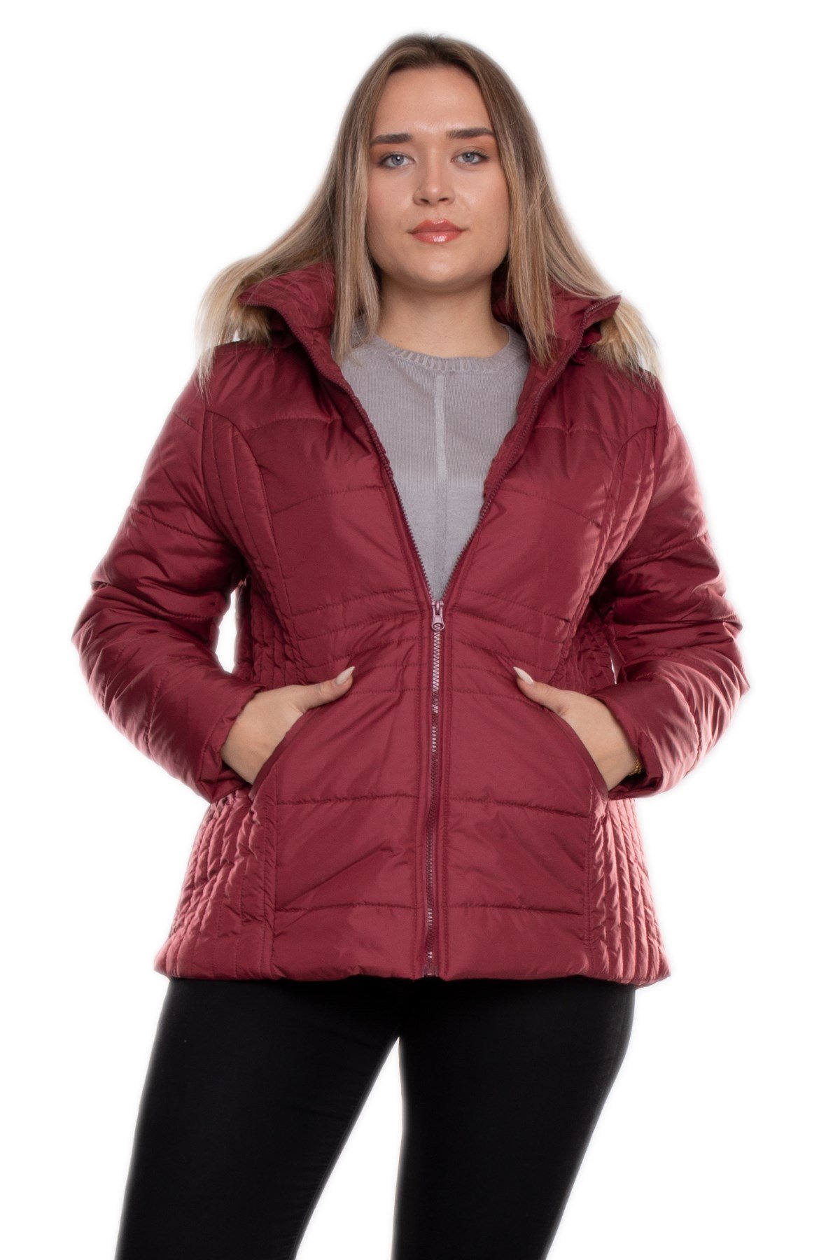 9761 Büyük Beden Kapüşonu Kürklü Kadın Şişme Mont