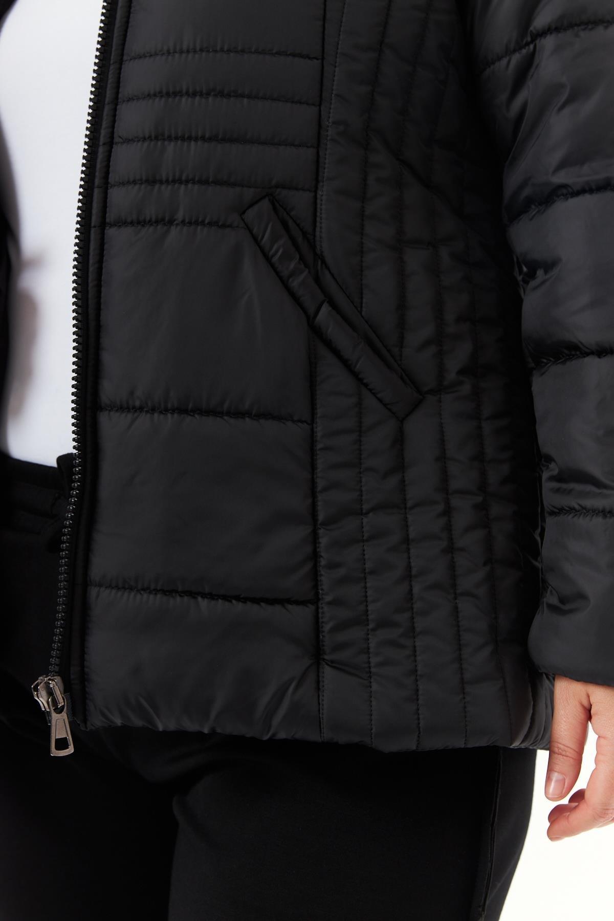 9761 Büyük Beden Kapüşonu Kürklü Kadın Fermuarlı Şişme Mont