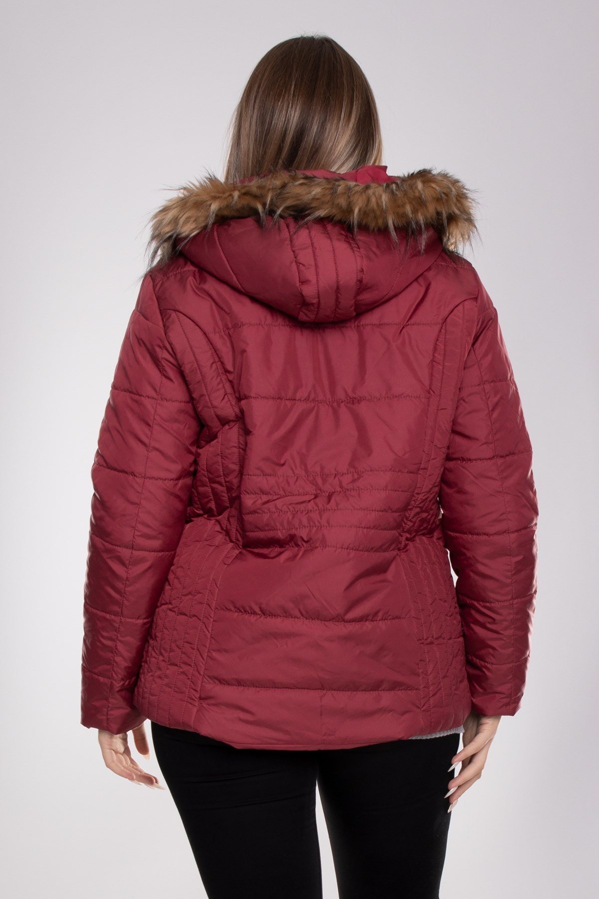 9761 Büyük Beden Kapüşonu Kürklü Kadın Şişme Mont