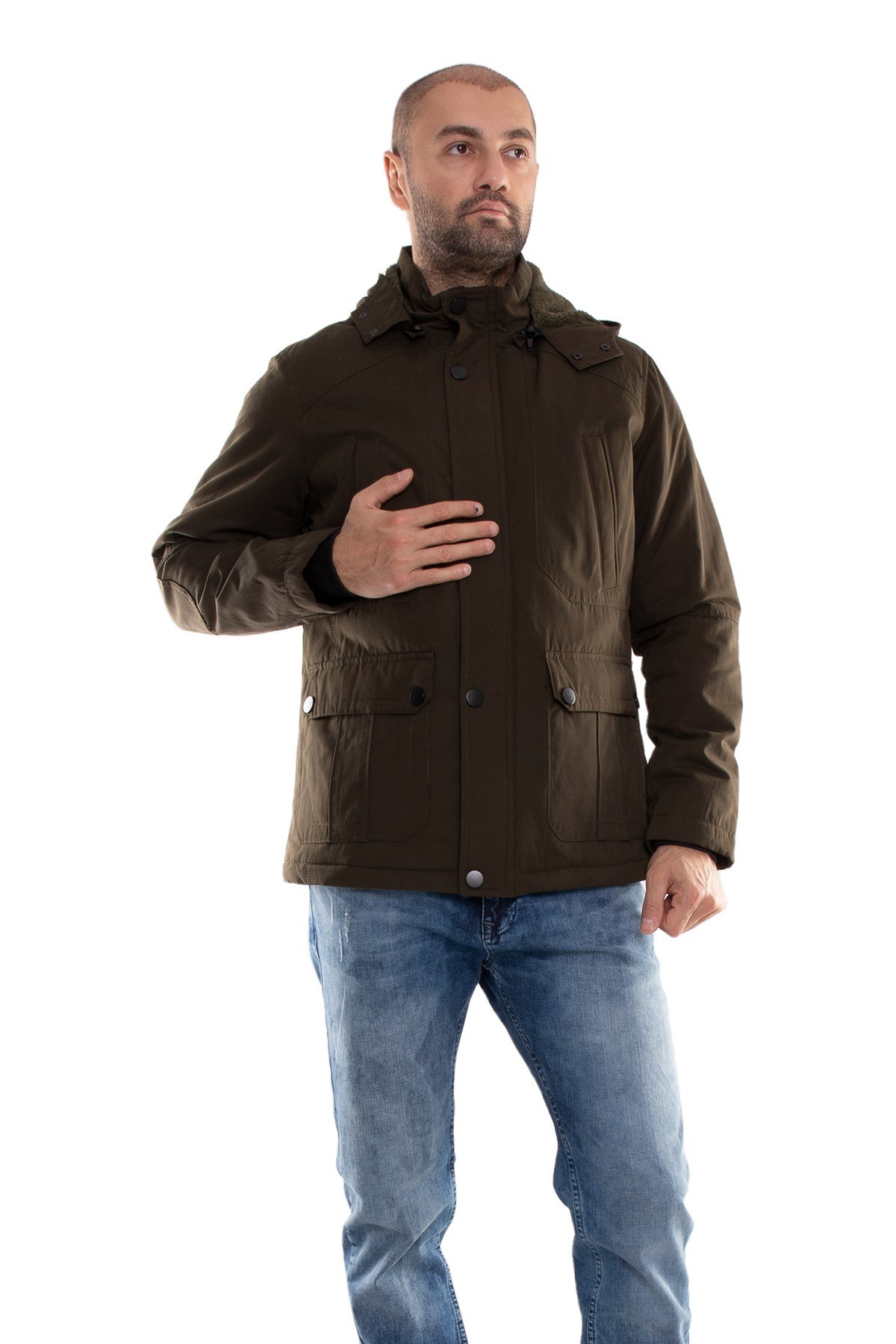 99391-242 RegularFit İçi Kürklü Kapşonlu Erkek Kaban