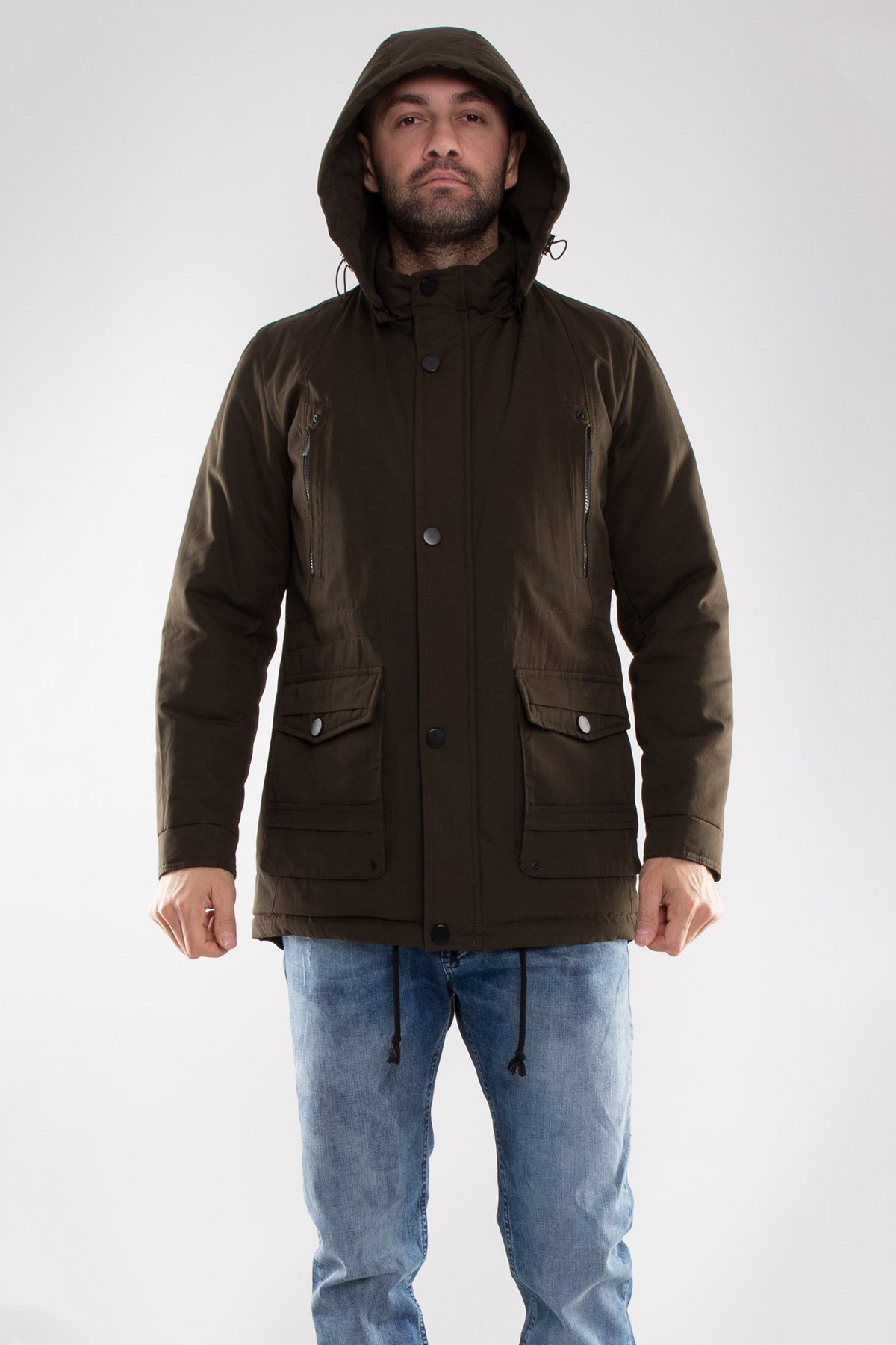 99398-242 RegularFit Kapşonlu Eteği Bağçıklı Erkek Kaban