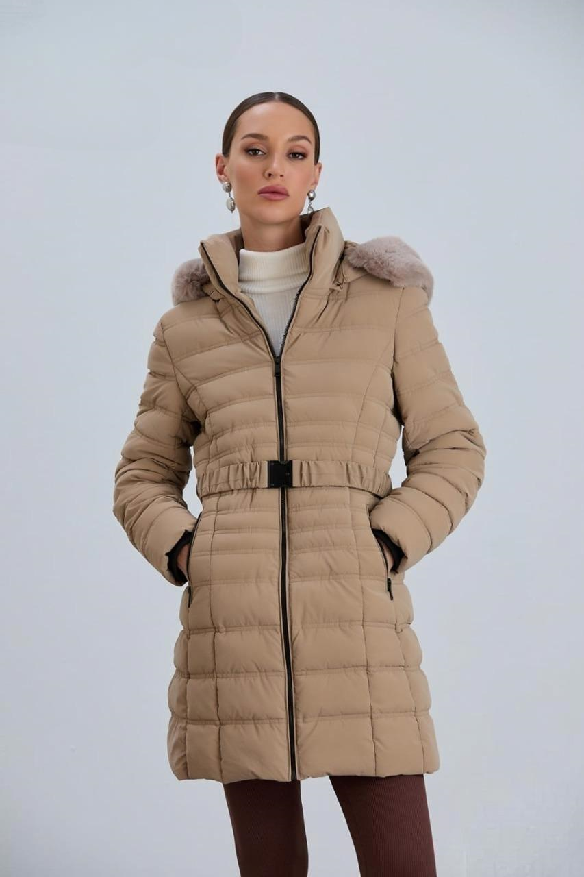 AÇELYA25 Kapüşonlu Kmerli Parlak Uzun Kadın Şişme Mont