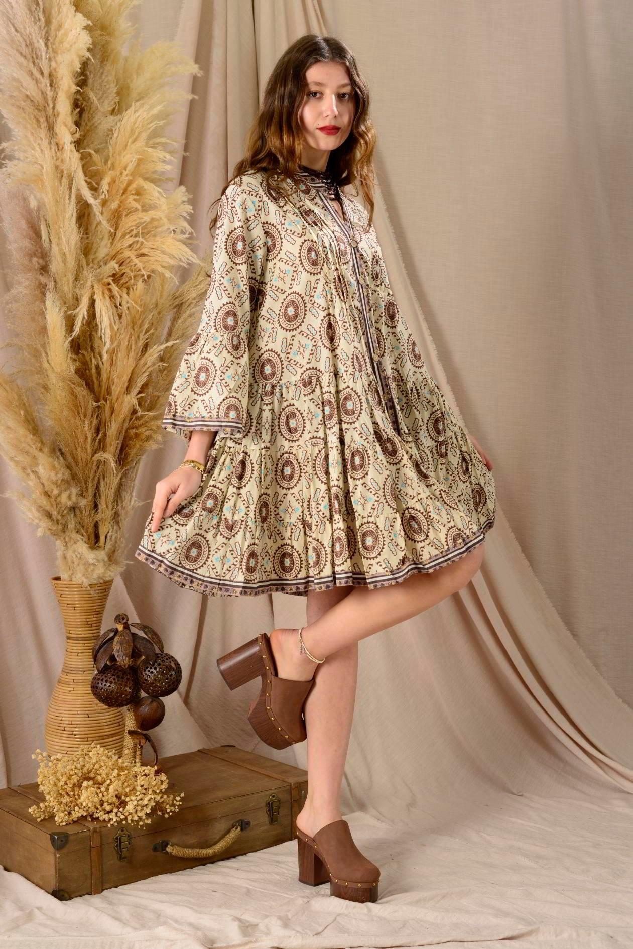 AN10680 A3672 Desen Nervür Detaylı Garnili Kısa Elbise