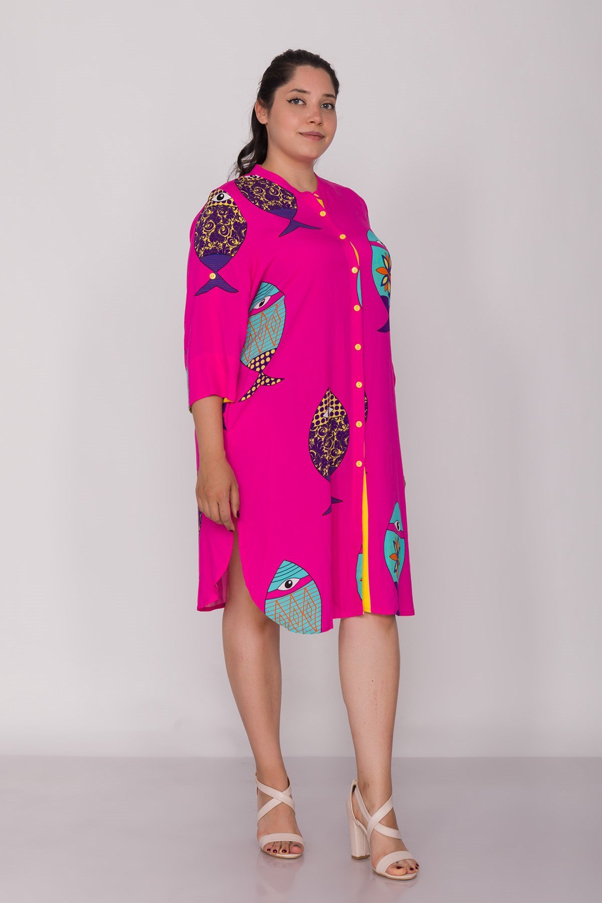 AN110 Truv.Kol Balık Desen Yakasız Cepli Viscon Kısa Elbise