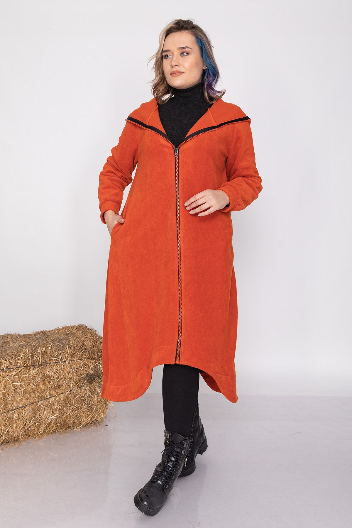 AN2116 Kapşonlu Düz Uzun Polar Kaban