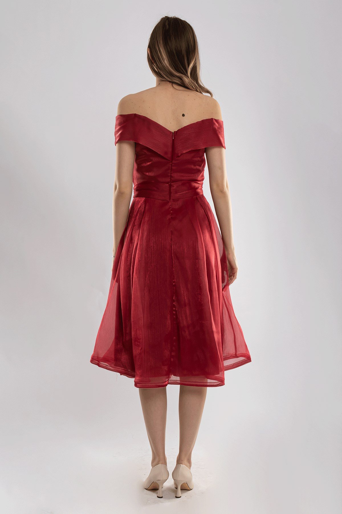 D-1066 Madonna Yaka Kuşaklı İpek Şifon Kısa Elbise