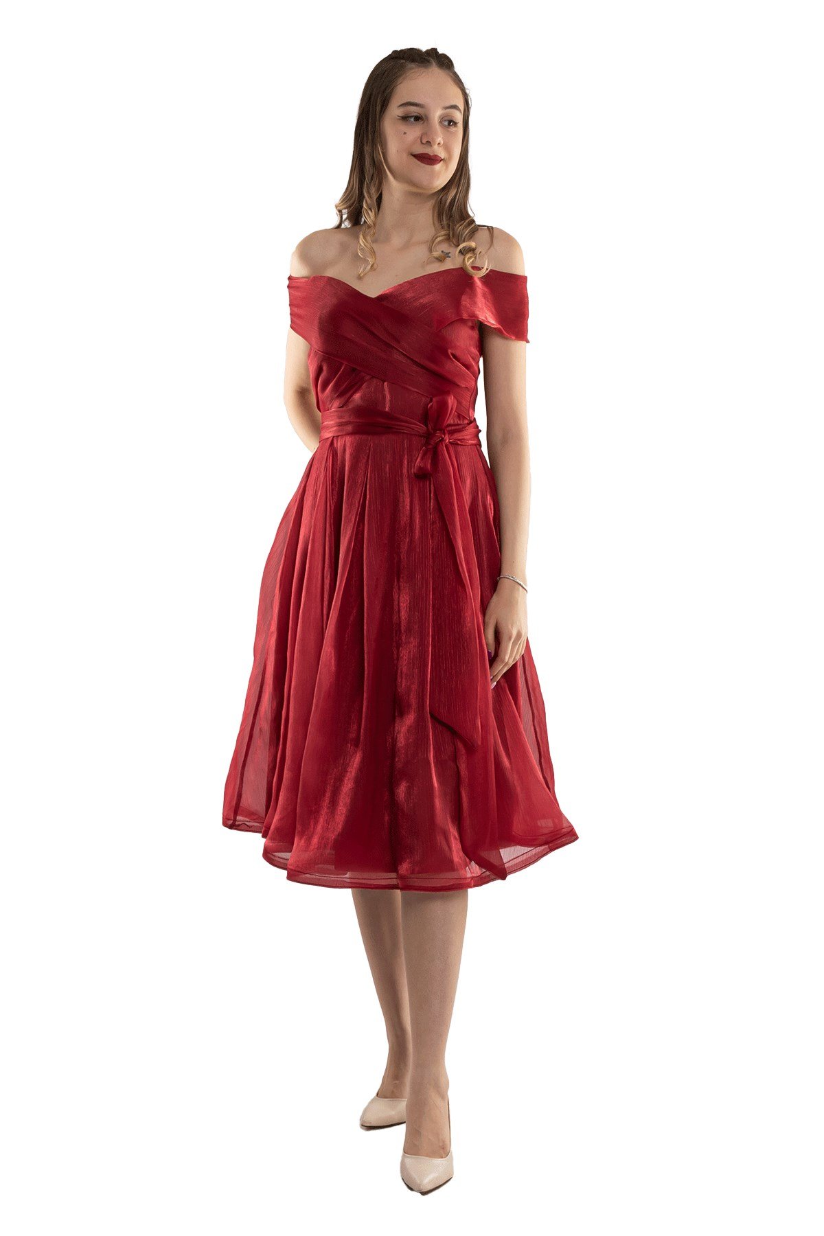 D-1066 Madonna Yaka Kuşaklı İpek Şifon Kısa Elbise