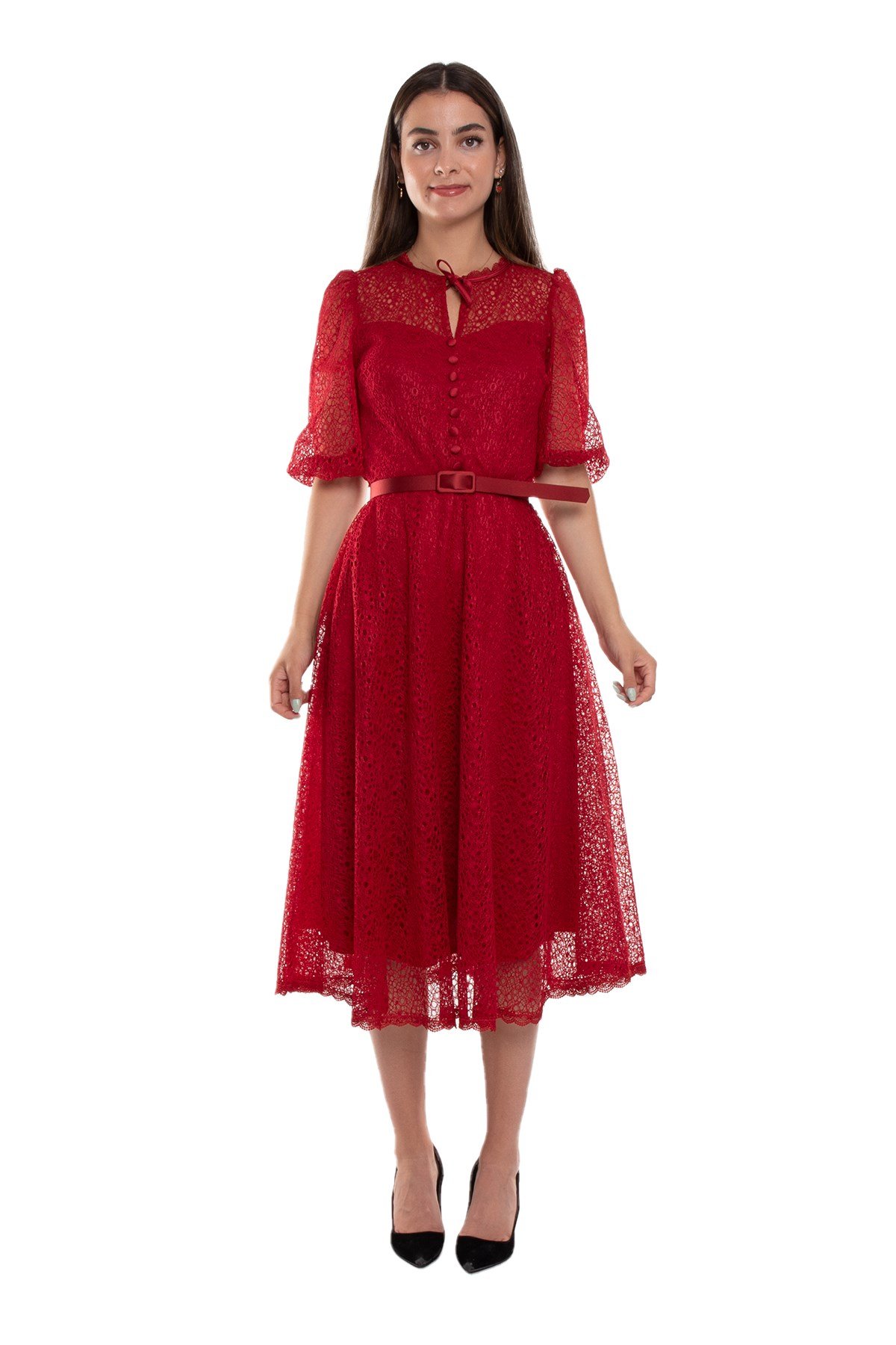 D-1076 KB Yaka İpli ÖrümcekAğ Çan Etek Truv.Kol Midiboy Elbise