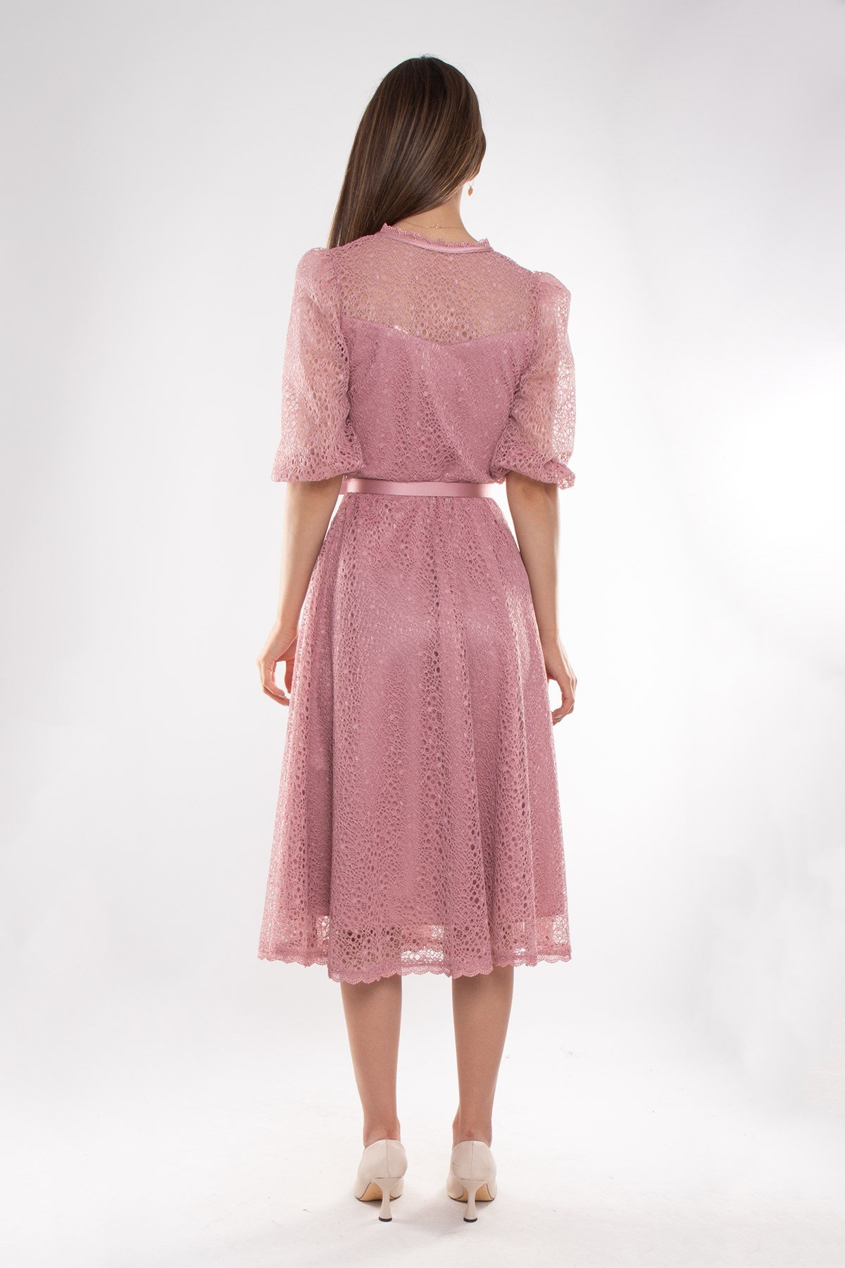 D-1076 KB Yaka İpli ÖrümcekAğ Çan Etek Truv.Kol Midiboy Elbise