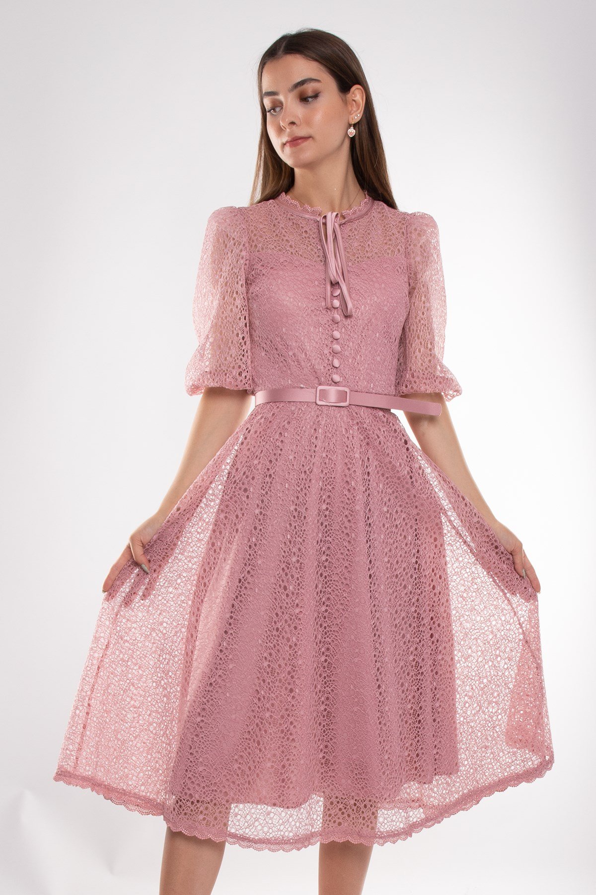 D-1076 KB Yaka İpli ÖrümcekAğ Çan Etek Truv.Kol Midiboy Elbise