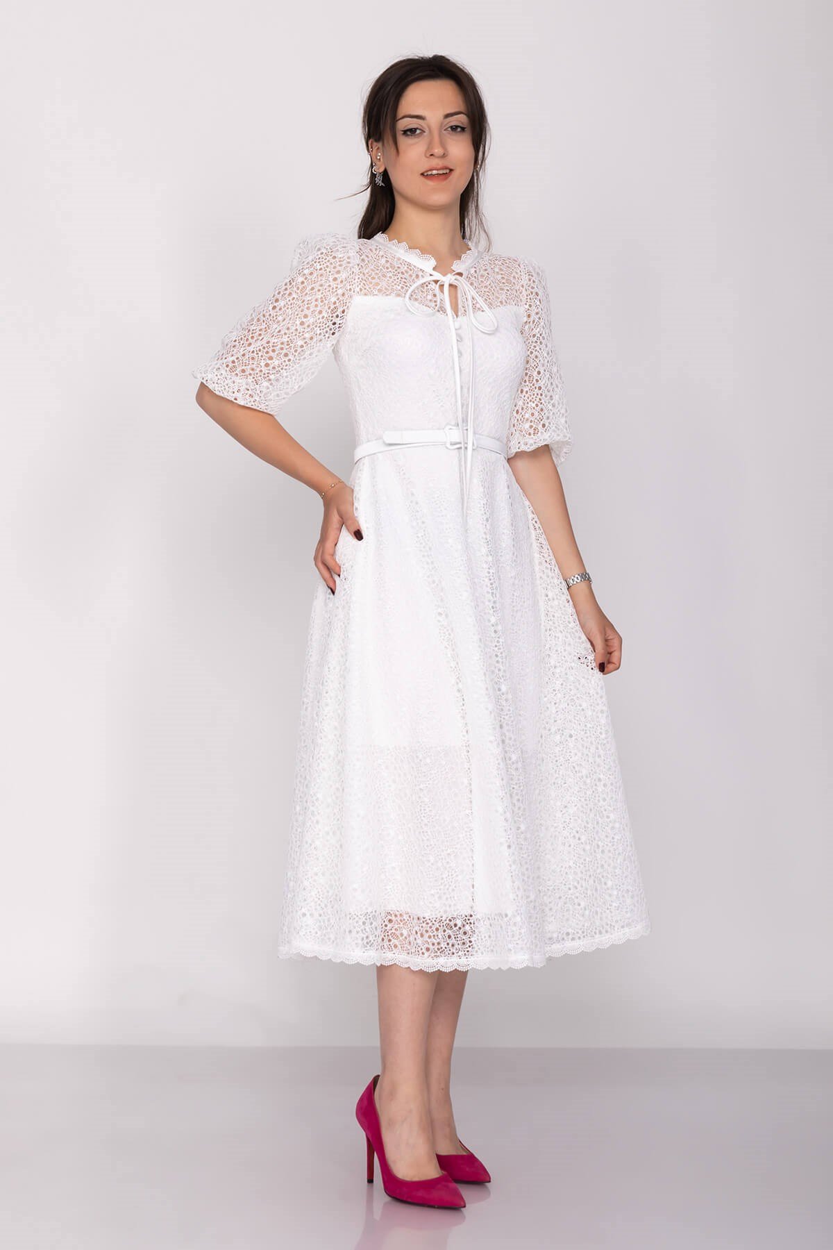 D-1076 KB Yaka İpli ÖrümcekAğ Çan Etek Truv.Kol Midiboy Elbise