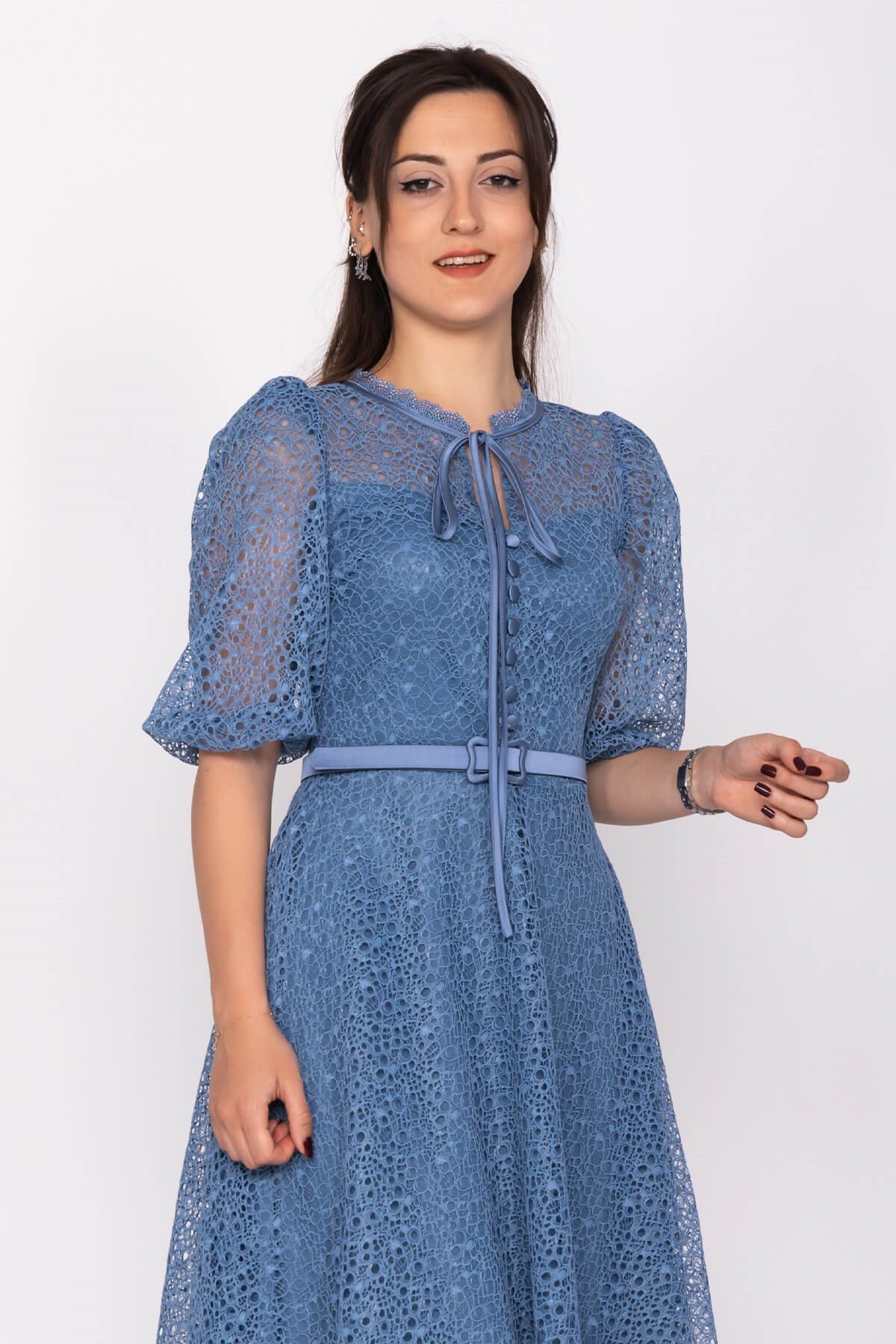 D-1076 KB Yaka İpli ÖrümcekAğ Çan Etek Truv.Kol Midiboy Elbise