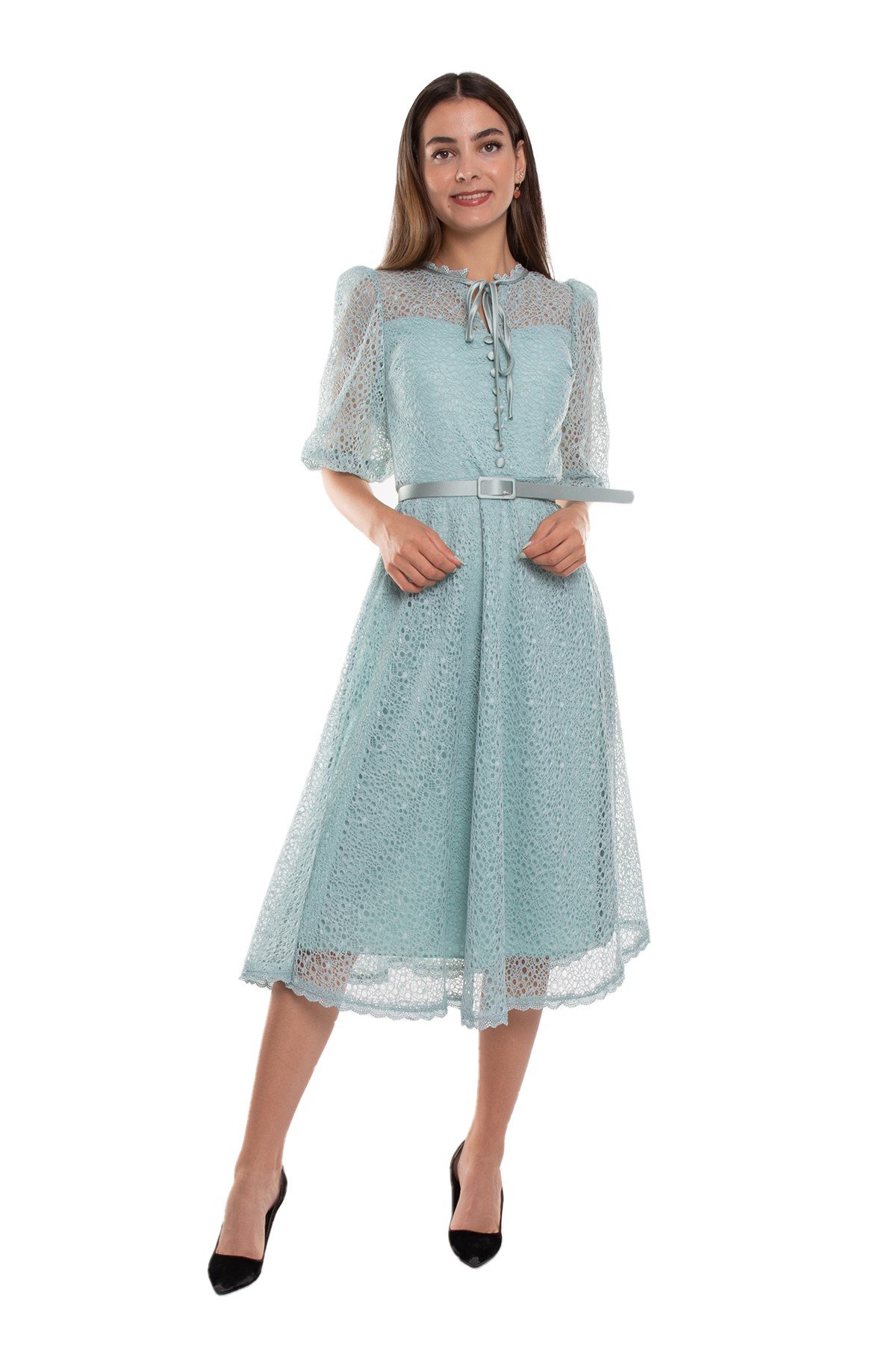 D-1076 KB Yaka İpli ÖrümcekAğ Çan Etek Truv.Kol Midiboy Elbise