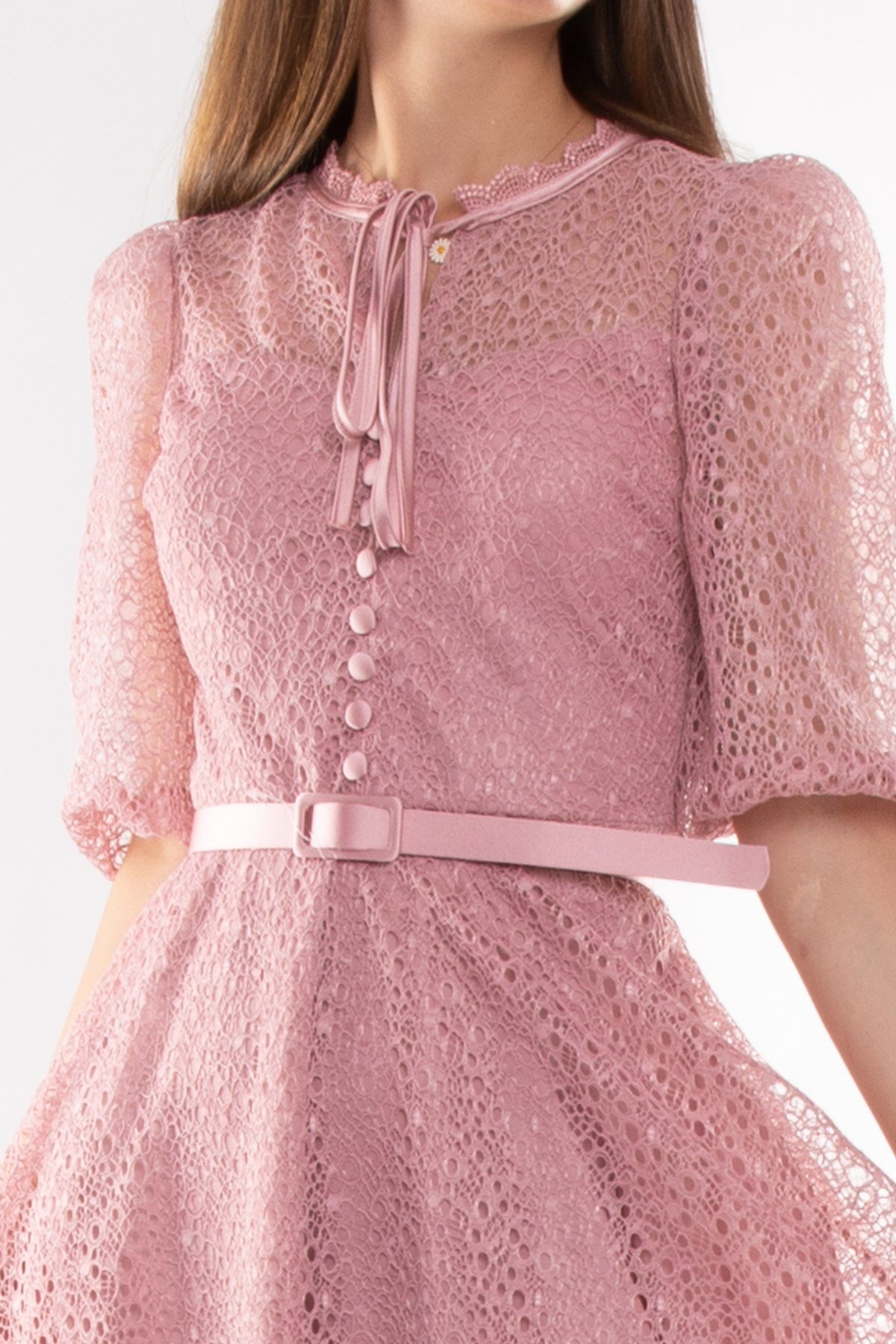 D-1076 KB Yaka İpli ÖrümcekAğ Çan Etek Truv.Kol Midiboy Elbise