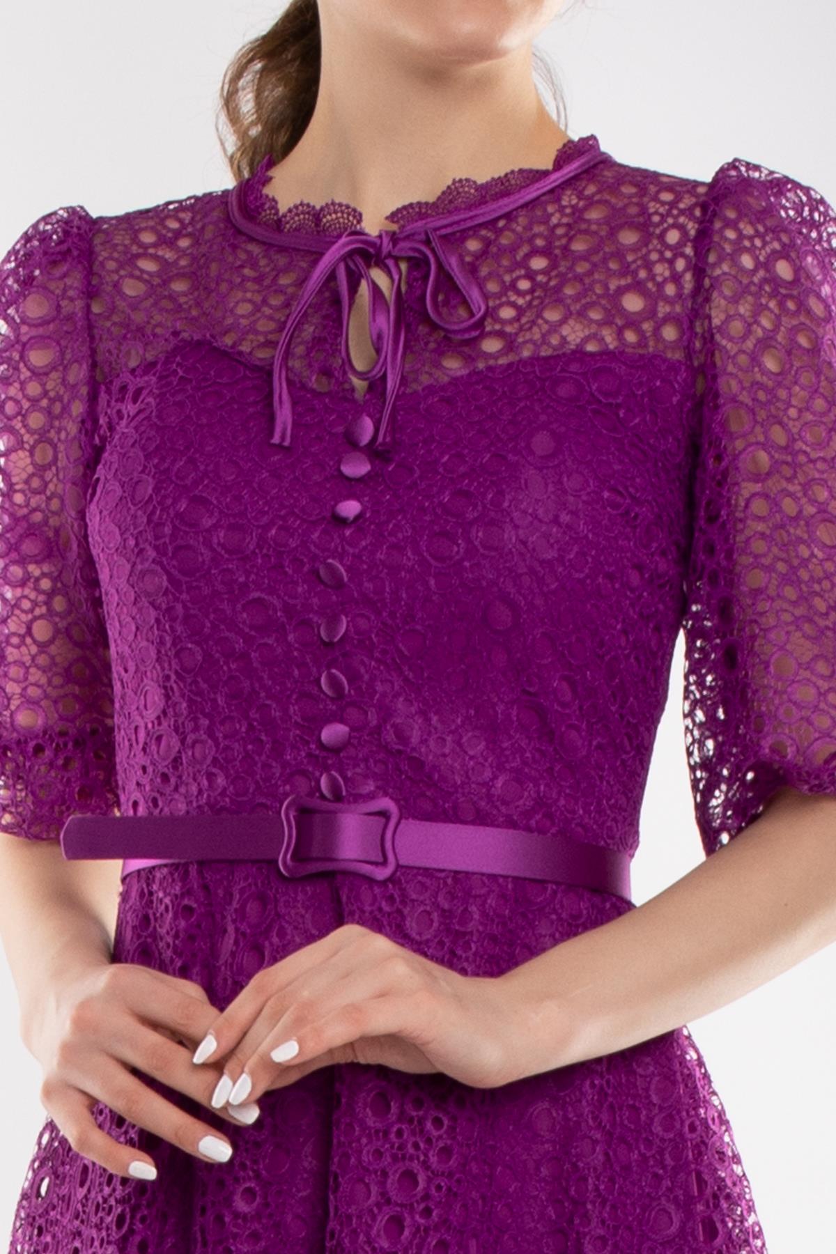 D-1076 Yaka İpli ÖrümcekAğ Çan Etek Truv.Kol Midiboy Elbise