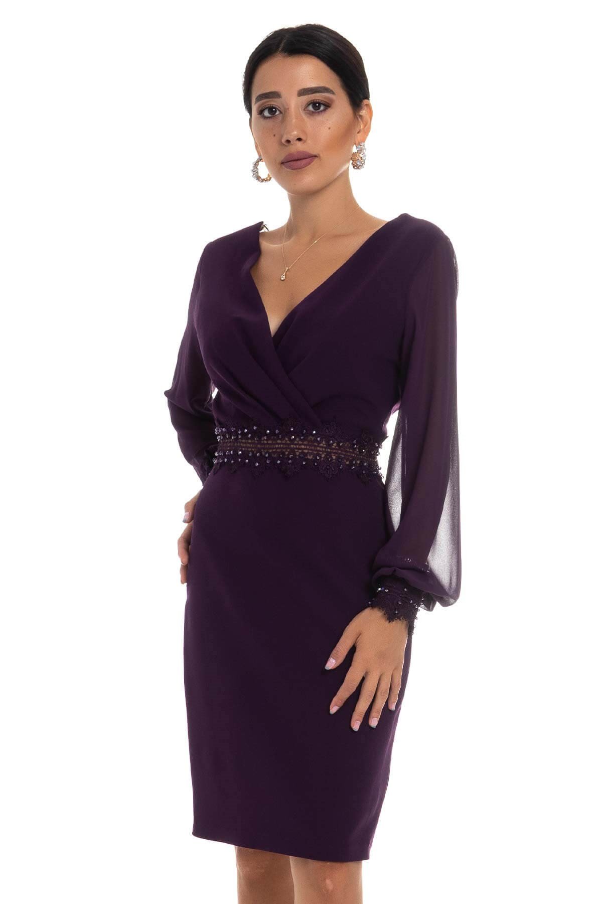 D-915 KB Sırt Dekolte Tül Kol Kısa Krep Elbise