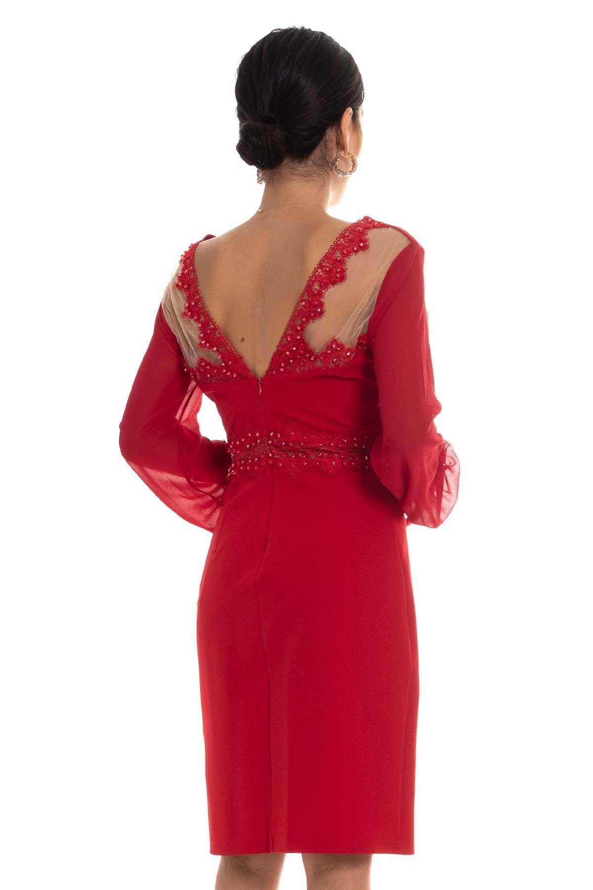 D-915 KB Sırt Dekolte Tül Kol Kısa Krep Elbise