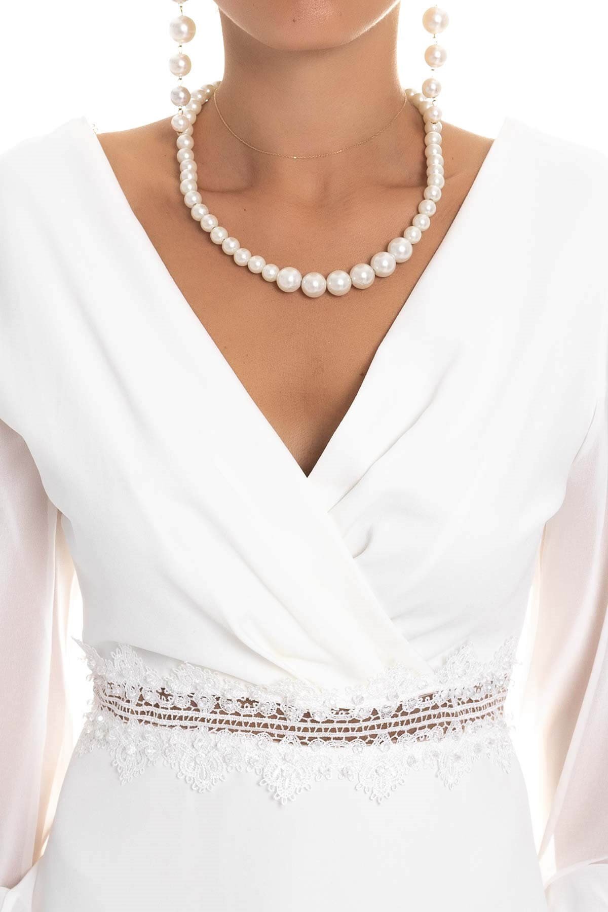 D-915 KB Sırt Dekolte Tül Kol Kısa Krep Elbise