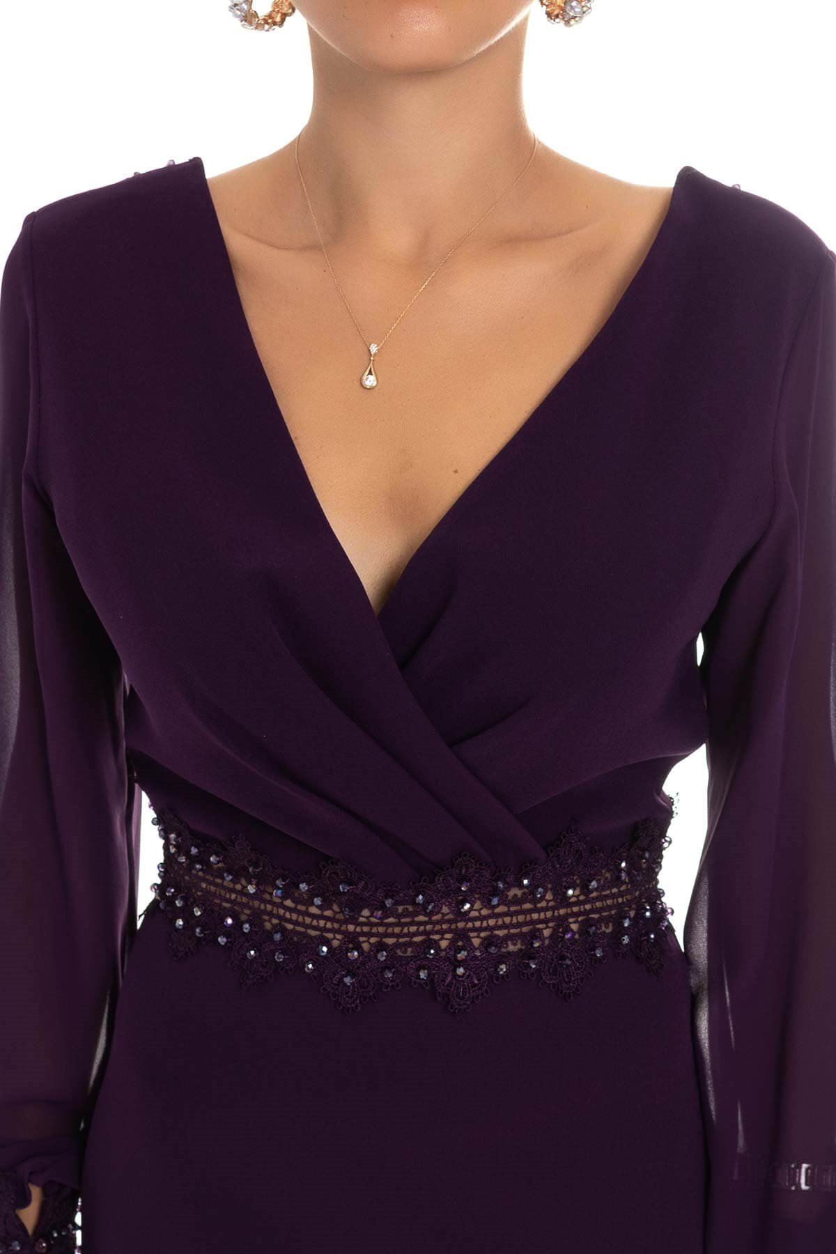 D-915 KB Sırt Dekolte Tül Kol Kısa Krep Elbise