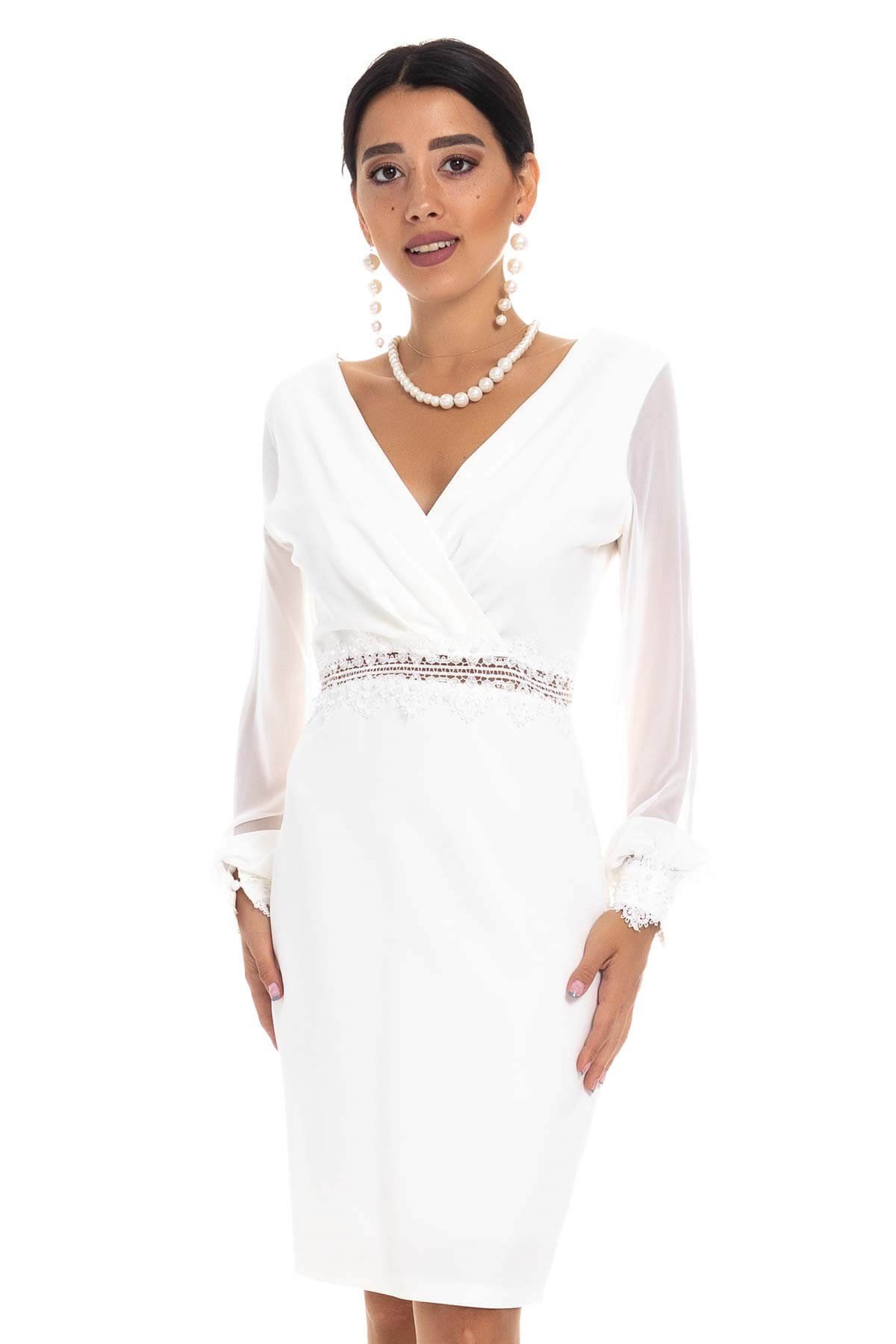 D-915 KB Sırt Dekolte Tül Kol Kısa Krep Elbise