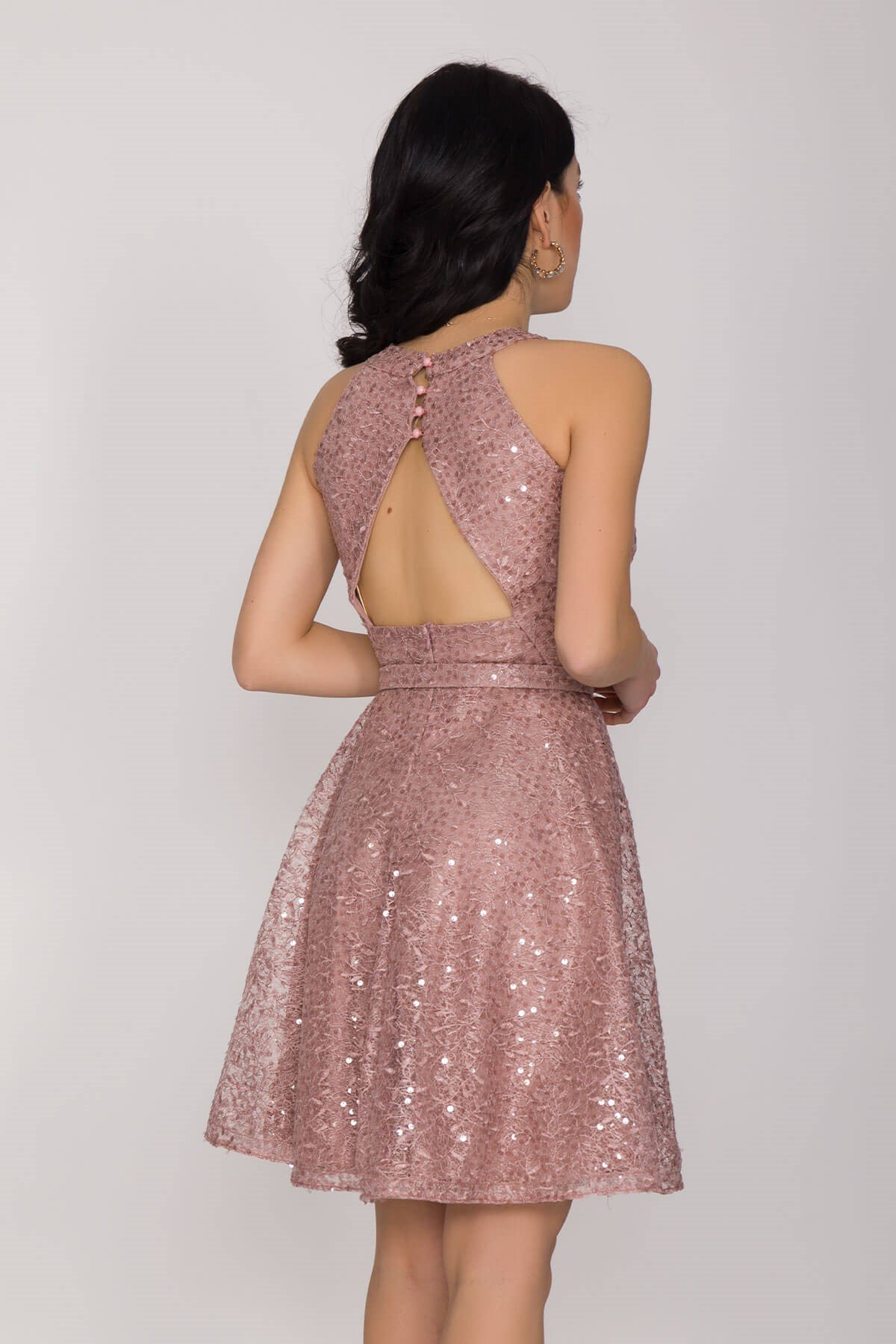 D-933 KB Kemerli Halter Yaka Sırt Detay Pulpayet Kısa Abiye Elbise