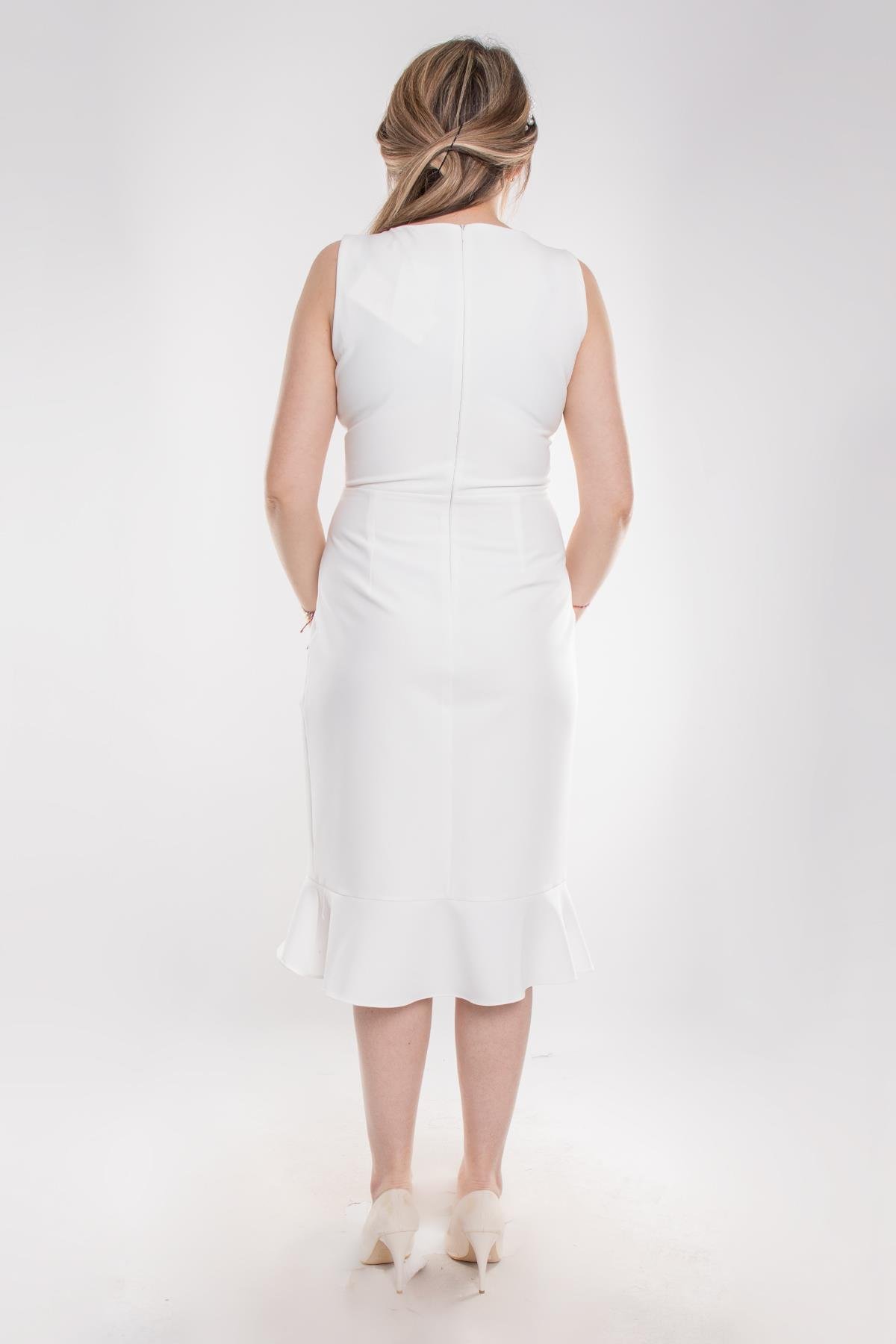 D-957 Büyük Beden Yanı Fırfırlı Kısa Krep Nikahlık Elbise